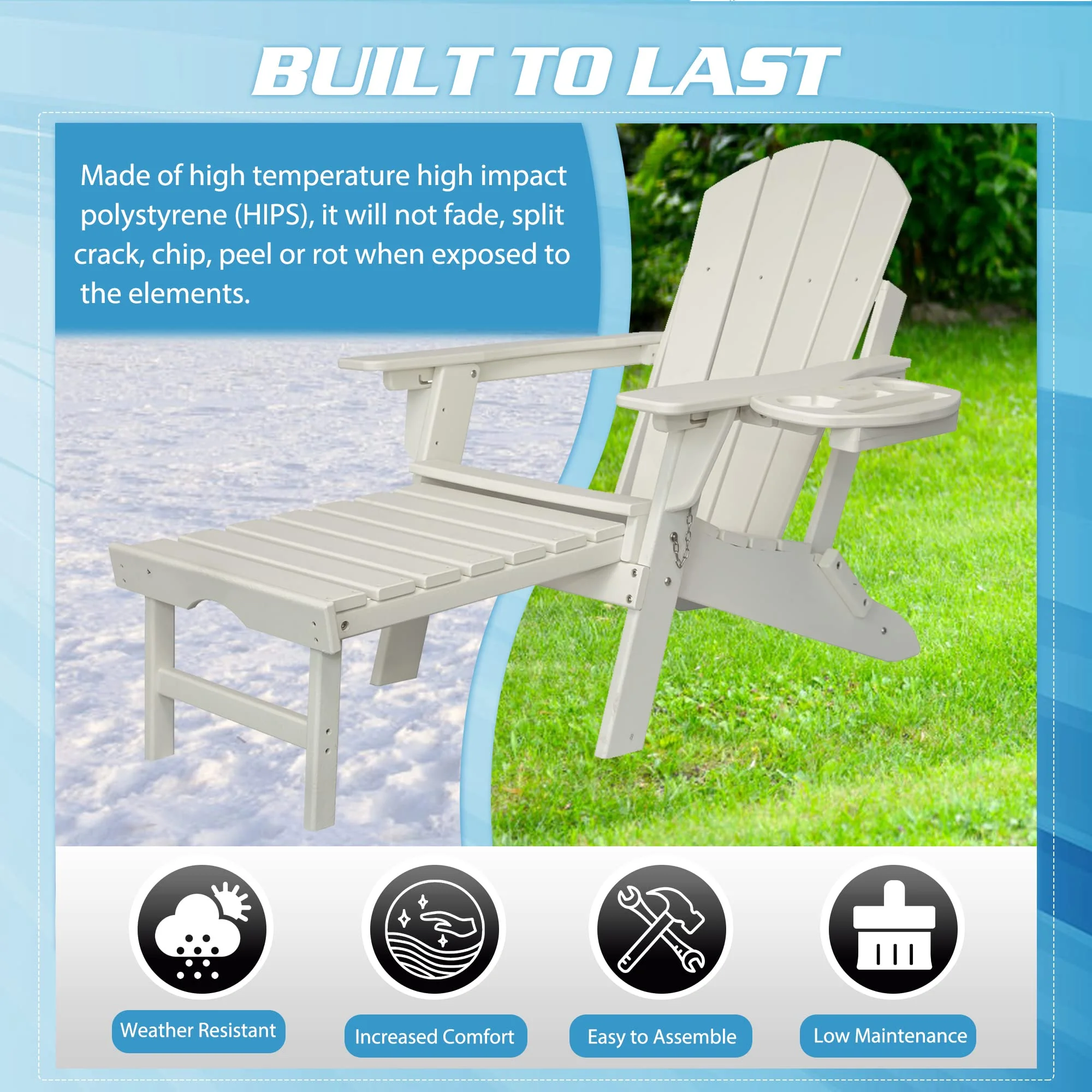 Folding Adirondack Chair with Retractable Ottoman, HDPE All-Weather Resistant Adjustable Backrest Adirondack Chair w/4 in 1 Cup Holder Trays, White