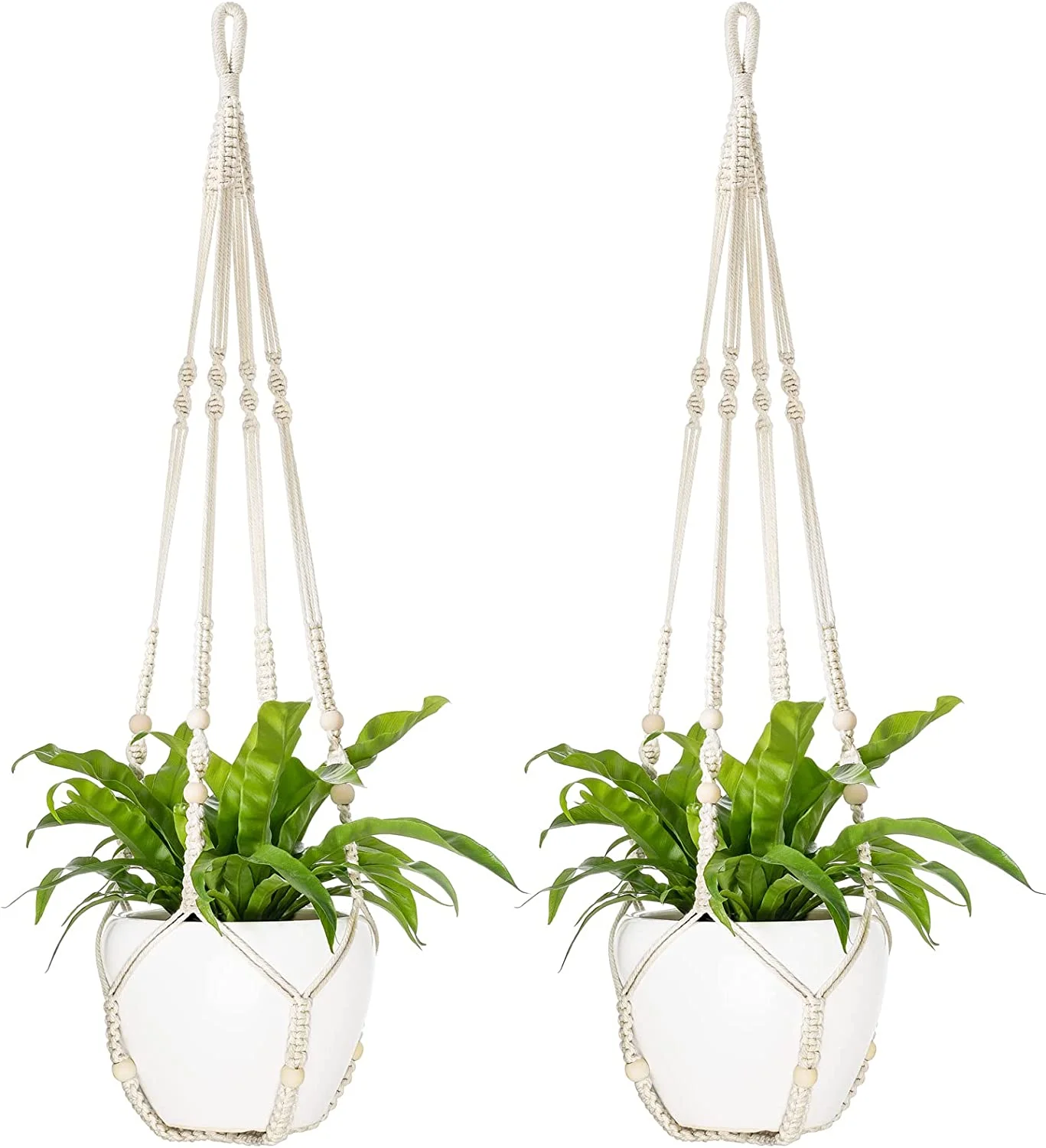 43 Inch Macrame Plant Hanger Large for up to 12 Inch Pot Extra Long Hanging Plant Holder Planter Basket No Tassels with Wood Beads for Indoor Outdoor Boho Home Decor, Ivory, Set of 2