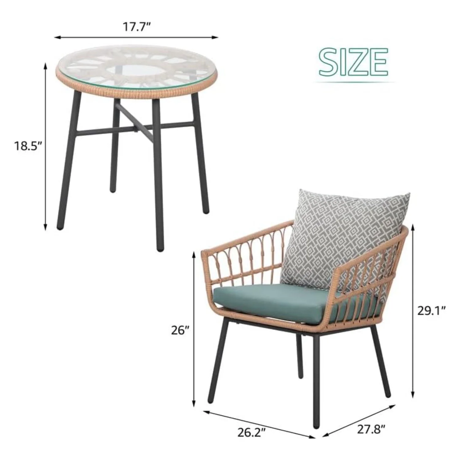 3 Pieces Outdoor Furniture Patio Bistro Set All-Weather Wicker Conversation Set with Tempered Coffee Table, Wicker Chairs, Cushions and 2 Back Pillows for Front Porch Balcony Backyard Deck