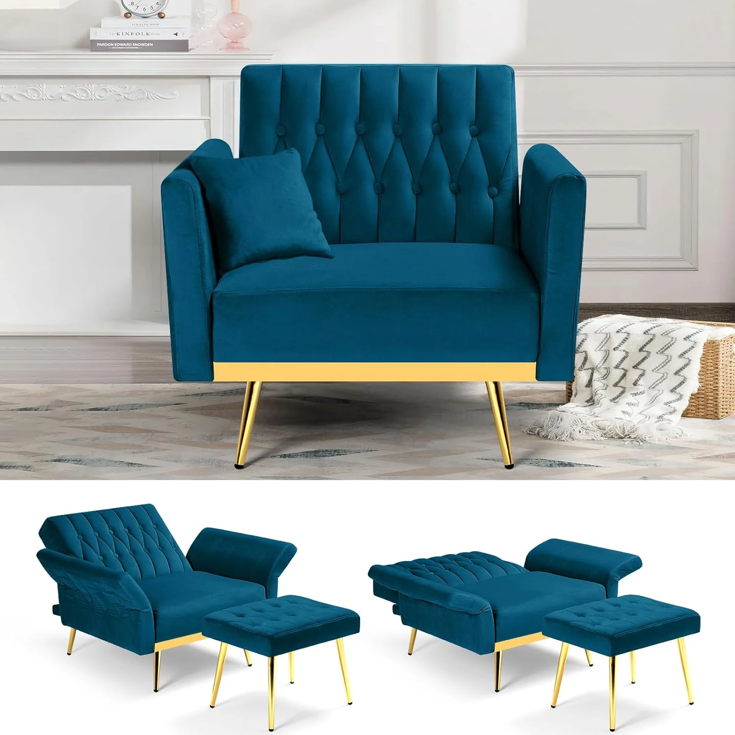 HBROLJF Velvet  Chair with Adjustable Backrest and Armrests  Single  Armchair with Ottoman and Golden Mental Legs  Room  Bedroom and Waiting Room  Teal