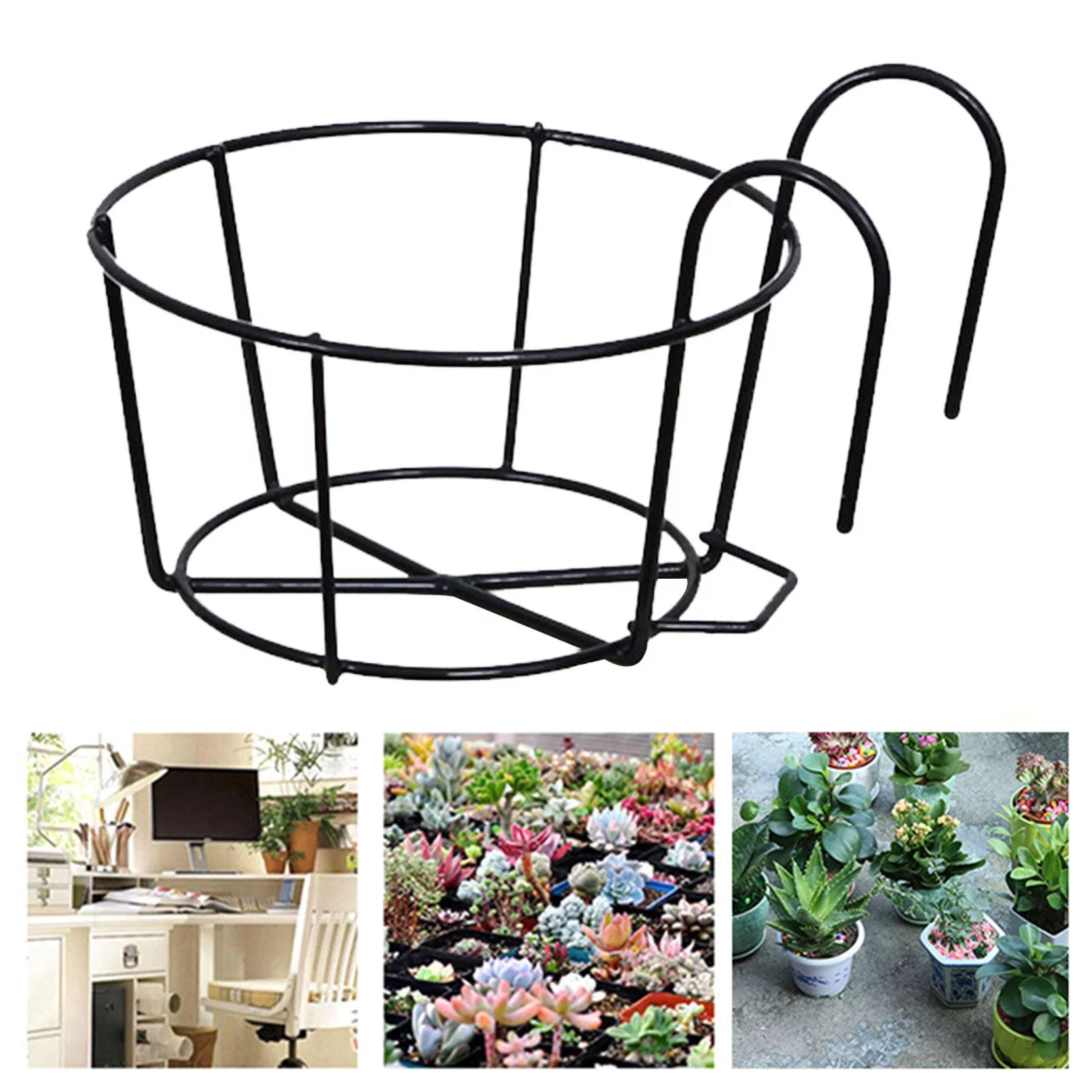 Iron Art Hanging Baskets, Iron Art Rack, Multipurpose Metal Round Railing Planters, Flower Pot Holder, for Balcony Home Porch Garden Fence Black 12cm