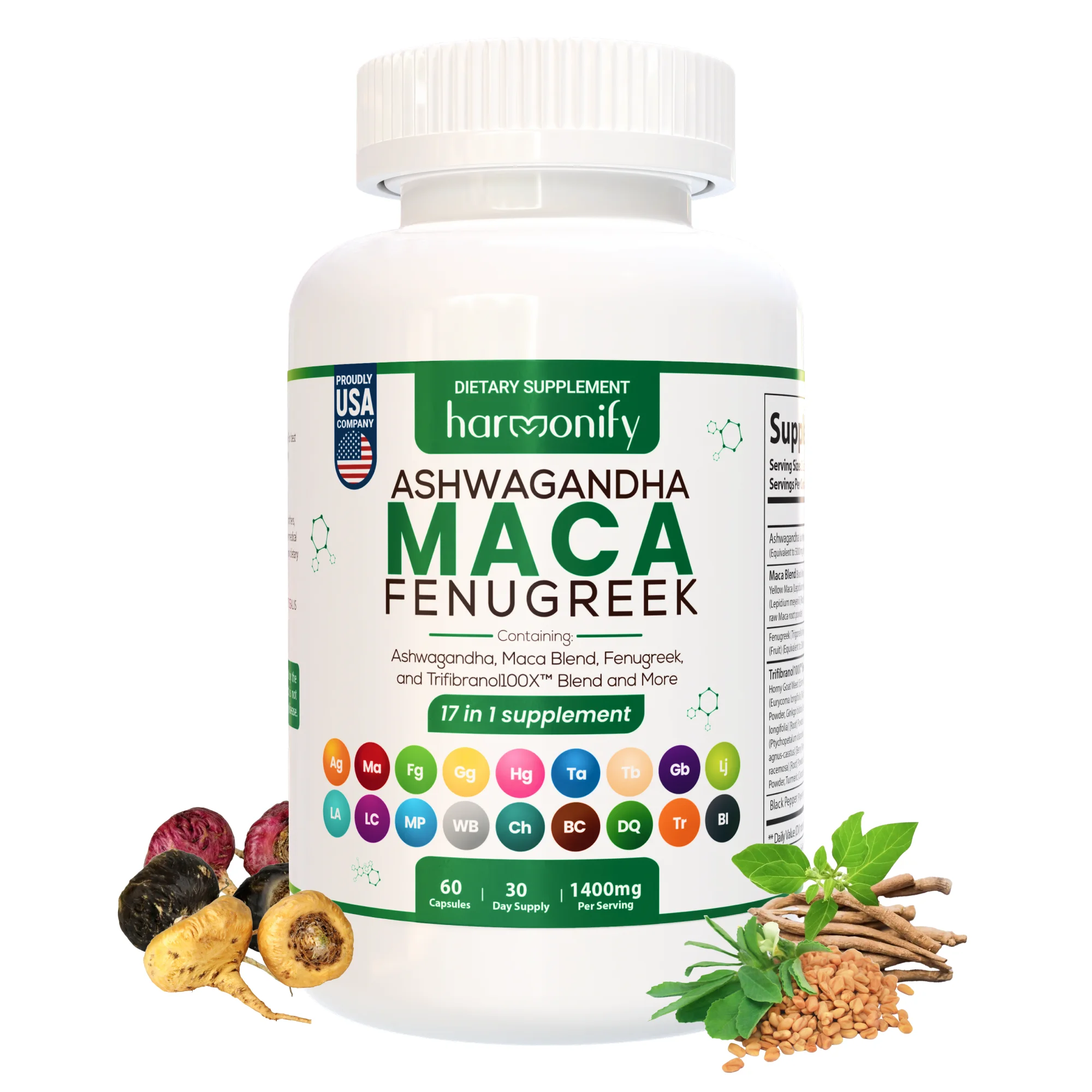 HARMONIFY Ashwagandha Maca Fenugreek with Panax Ginseng Capsules, 17 in 1 Supplement, L Arginine, Maca Root Pills with Ginseng, 1 Month Supply, 1400 mg