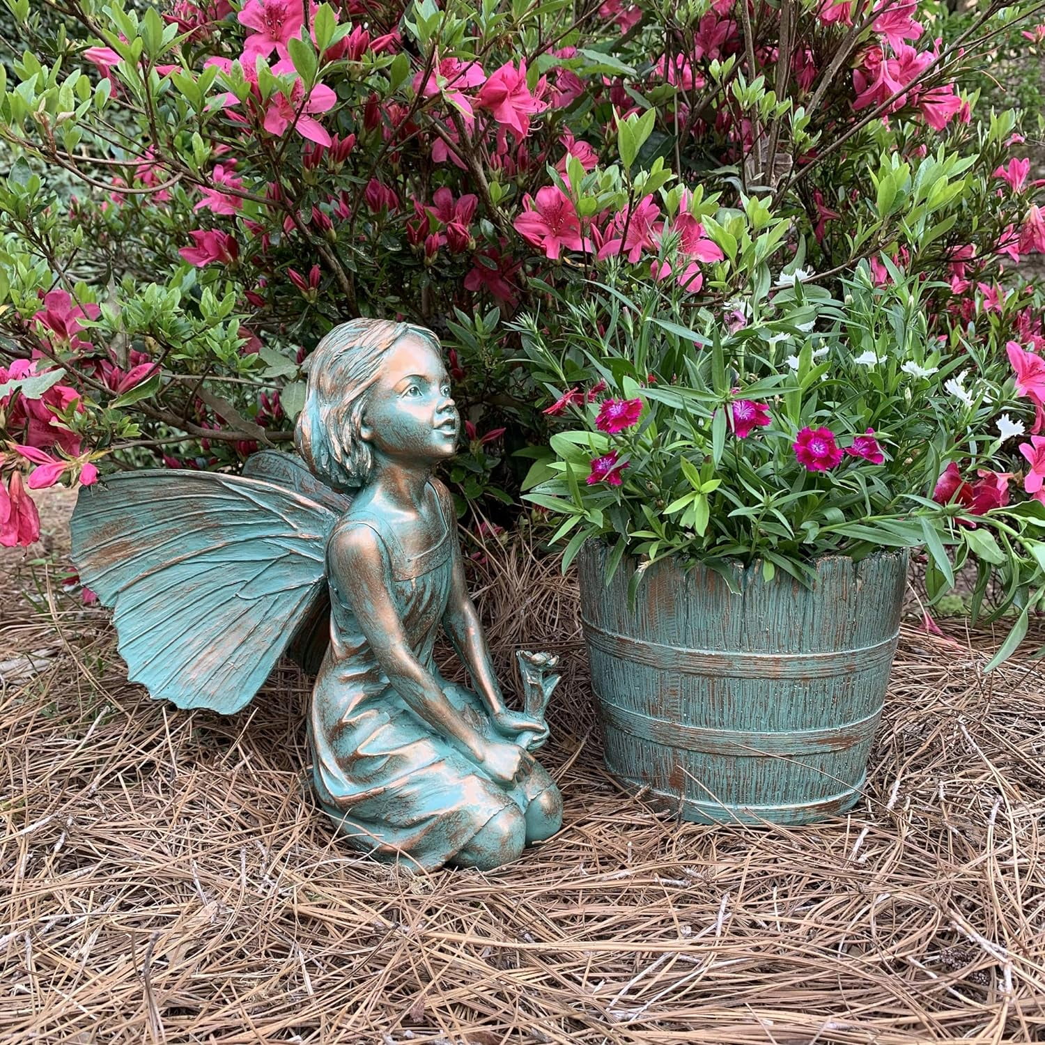 H Rebecca With Barrel Planter Pot In Bronze Home & Garden Fairy Statue
