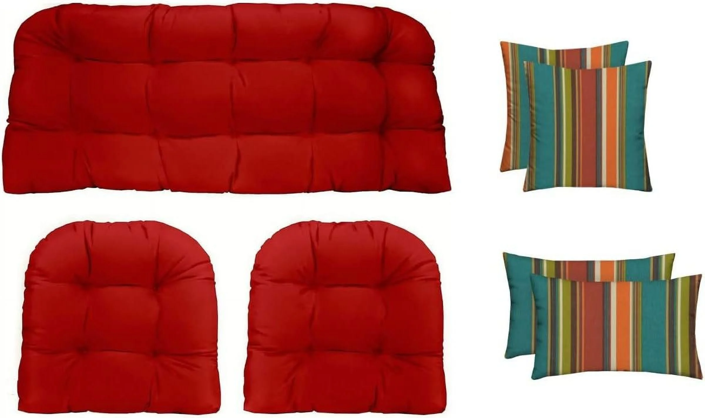 Indoor Outdoor 7 Piece Tufted Wicker Cushion Set + Pillows, (Standard, Red + Westport Teal)