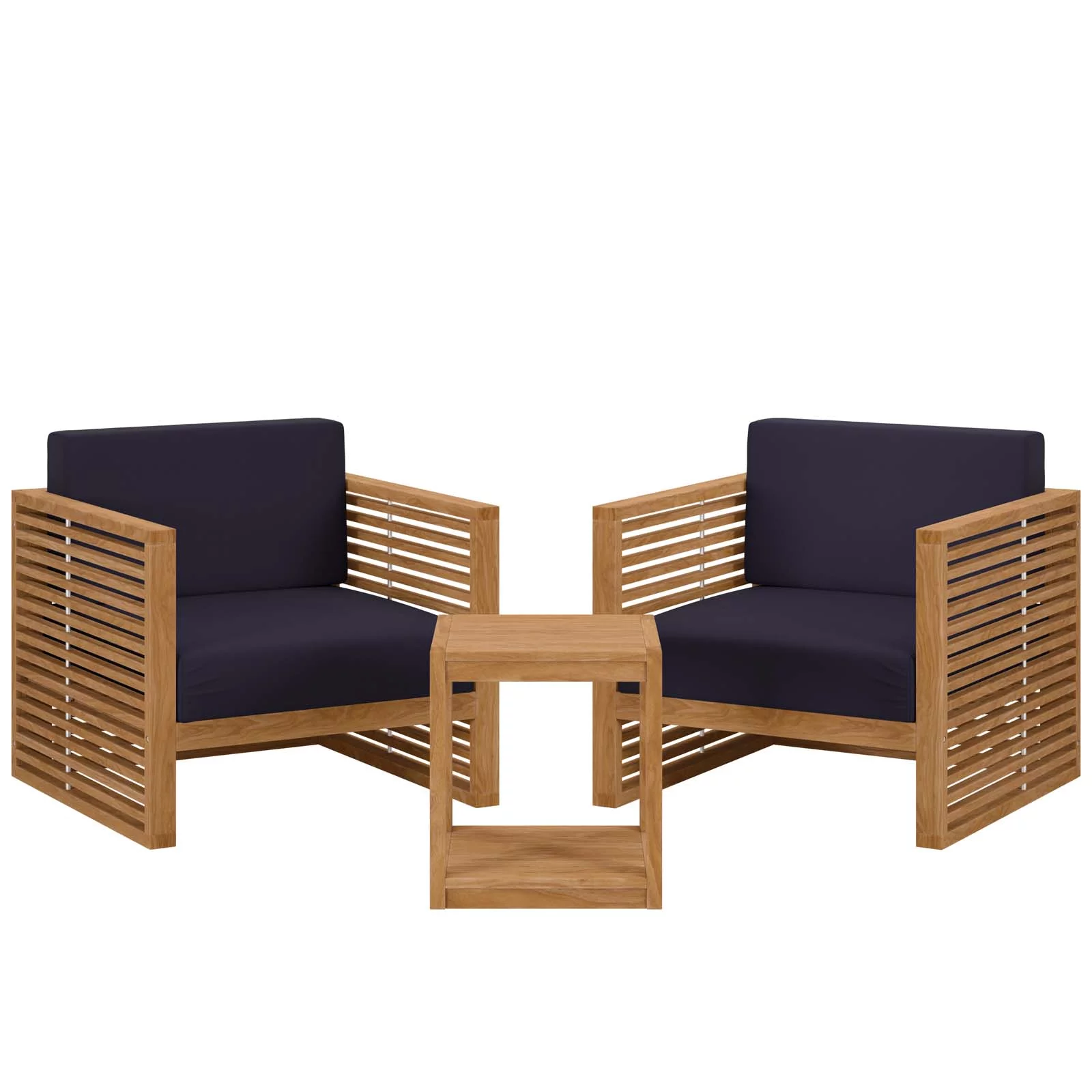 Modway Carlsbad 3-Piece Teak Wood Outdoor Patio Set in Natural Navy