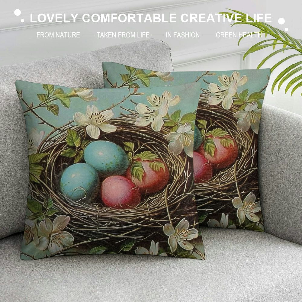 Cmefzd Happy Easter Throw Pillow Covers Vintage Bird nest Easter Egg Comfort Velvet Square with Zipper Living Room Bedroom Dorm Couch Chair Pillow case White