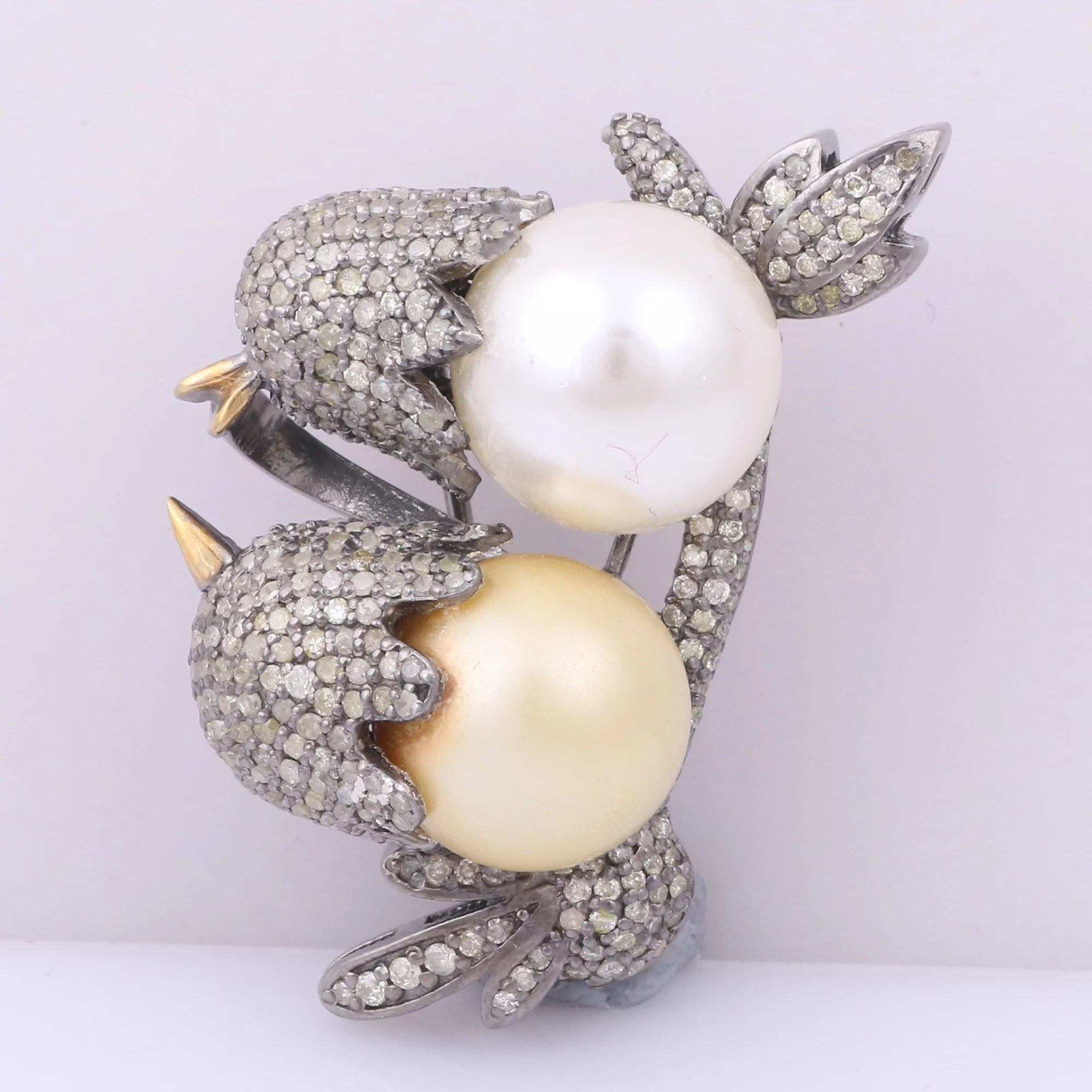 Natural Pearl Diamond Gemstone 925 Sterling Silver Brooch, Victorian Jewelry