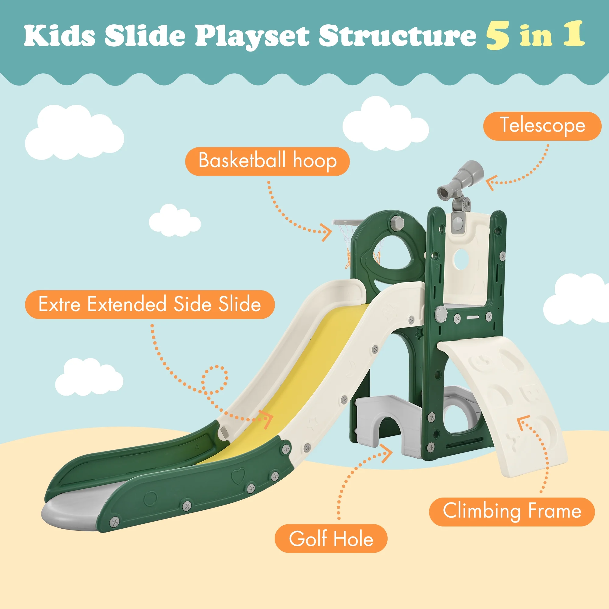Kids Slide Playset Structure 5 in 1, Freestanding Spaceship Set with Slide, Telescope and Basketball Hoop, Golf Holes for Toddlers, Kids Climbers Playground