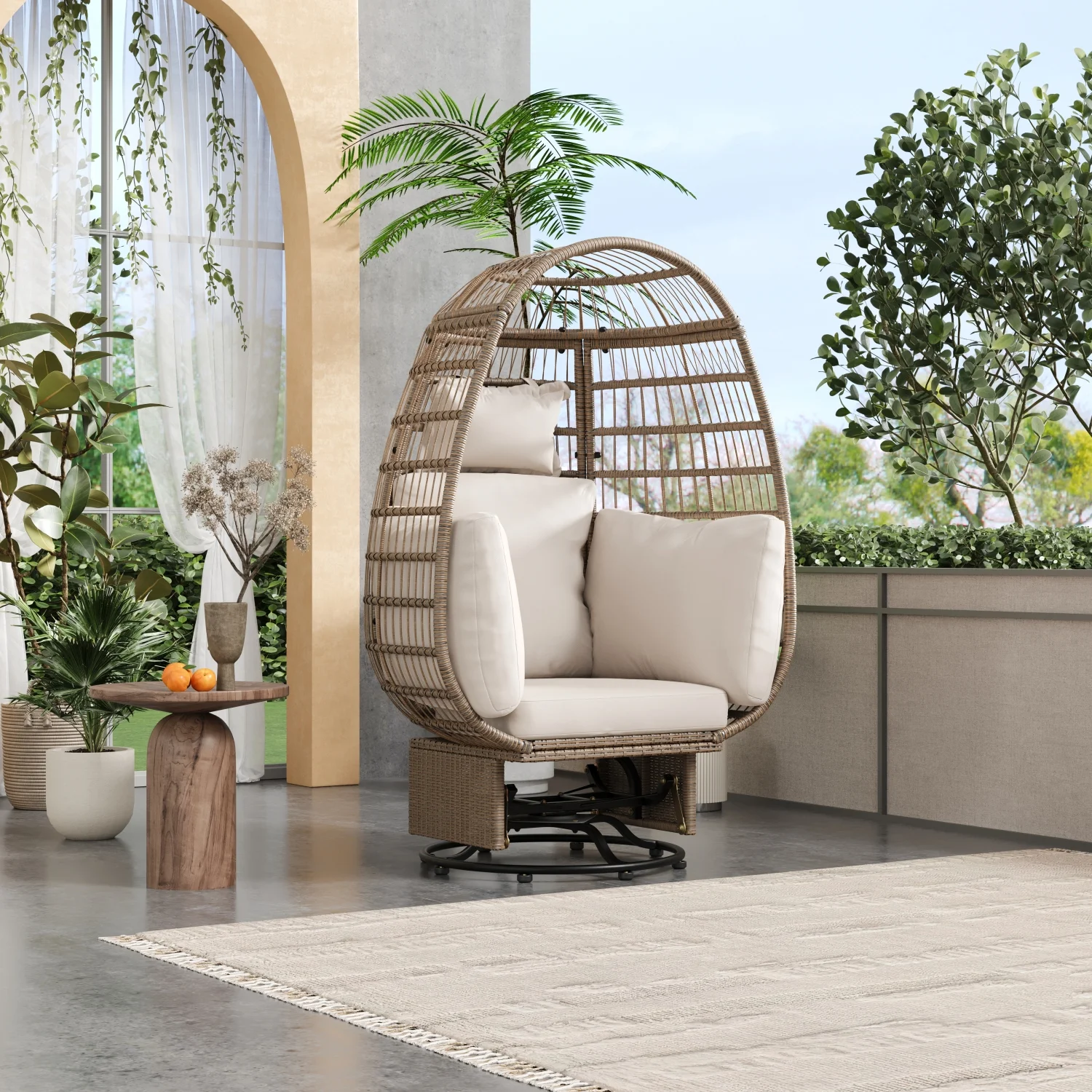 Comfortable and Stylish TREXM Outdoor Egg Swivel Rocking Chair with Beige Cushions - Perfect for Balcony  Poolside  and Garden - Made of Natural Wicker