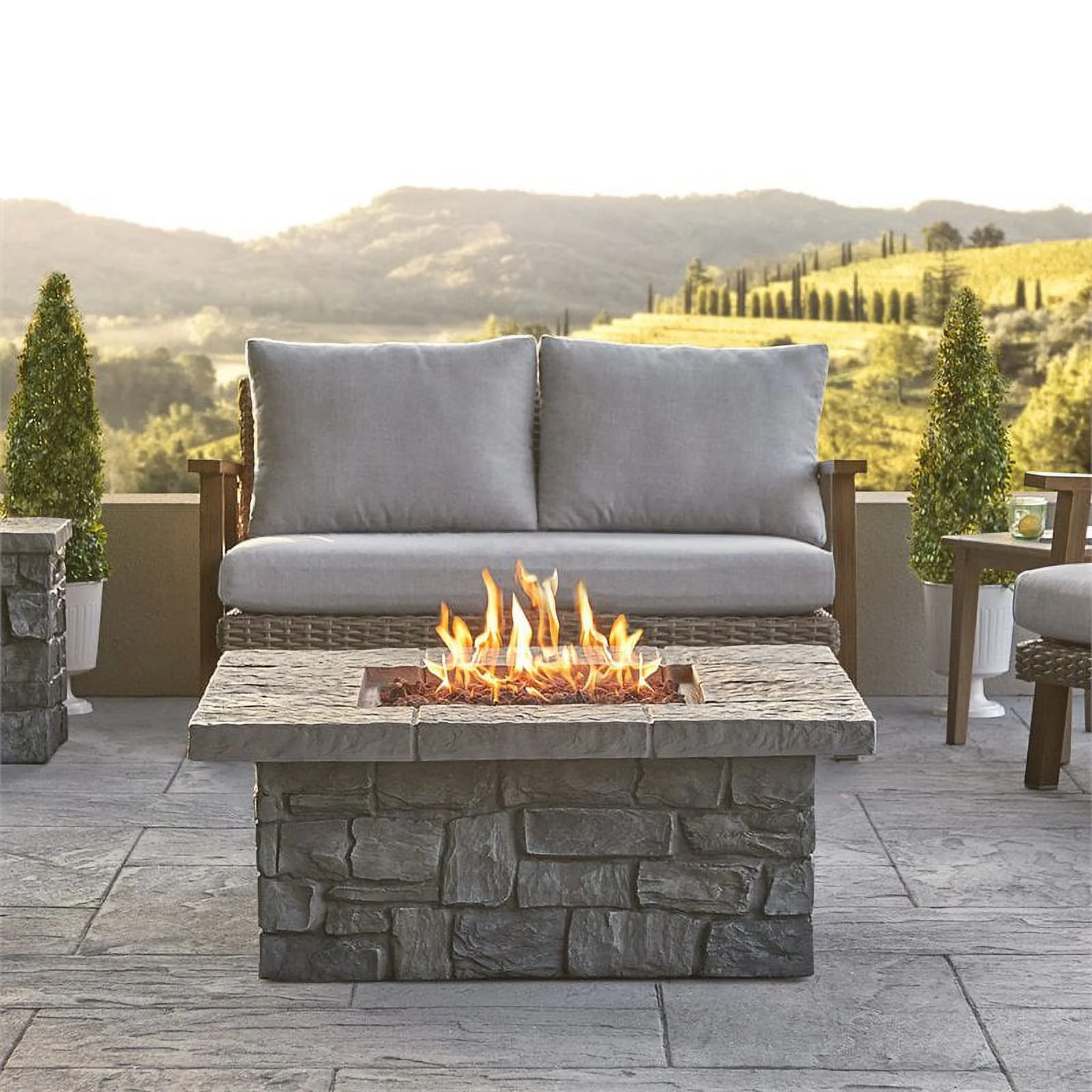 Home Square 2 Piece Set with Square Propane Fire Table & Patio Loveseat