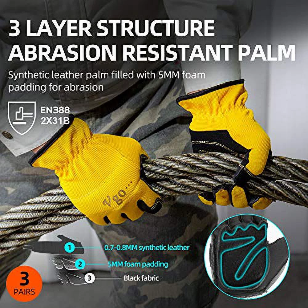 Vgo 3-Pairs Safety Work Gloves, Builder Gloves, Gardening Gloves, Light Duty M,