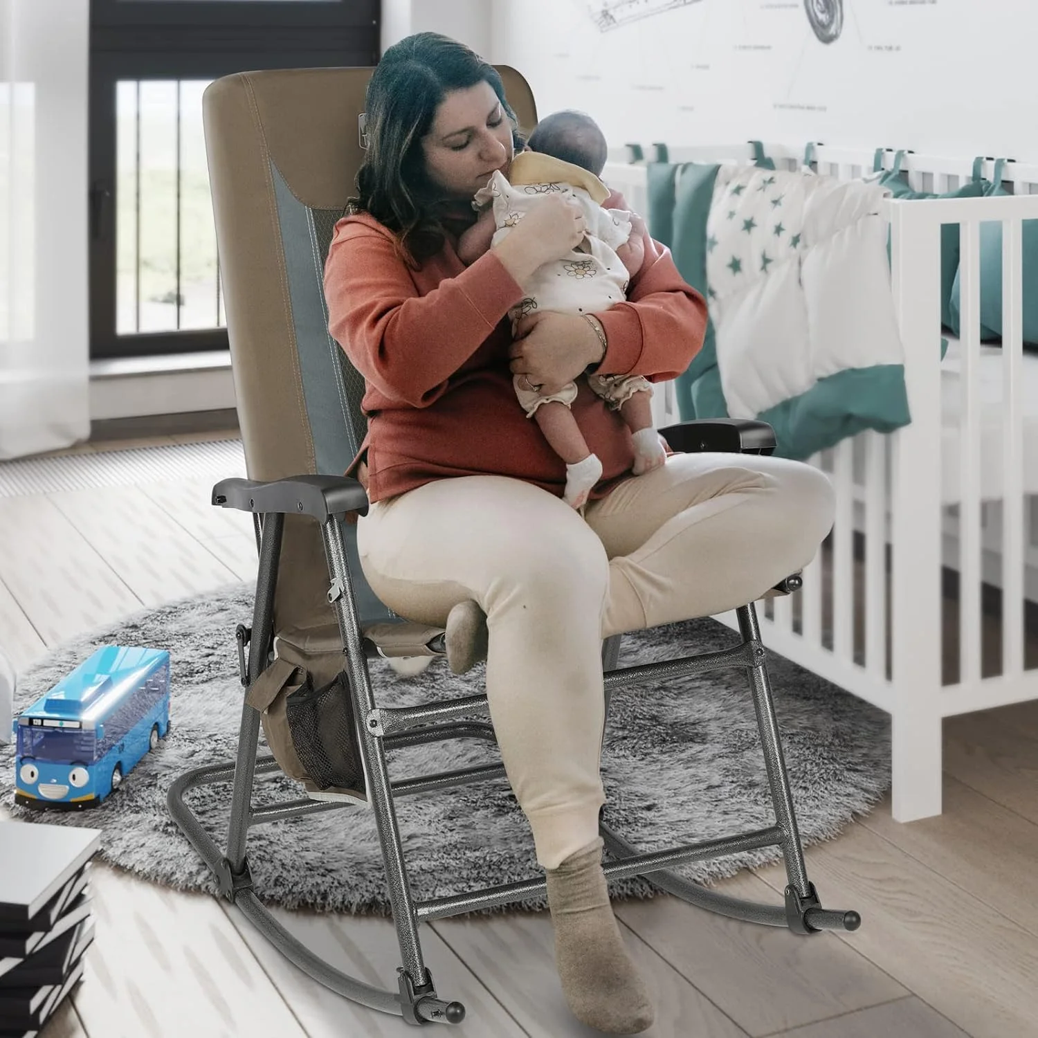 TIMBER RIDGE Padded High Back Folding Rocking Chair with Side Pocket Portable Rocker for Outdoor, Patio, Lawn, Balcony, Heavy Duty Supports 300lbs, New Brown-1 Pack