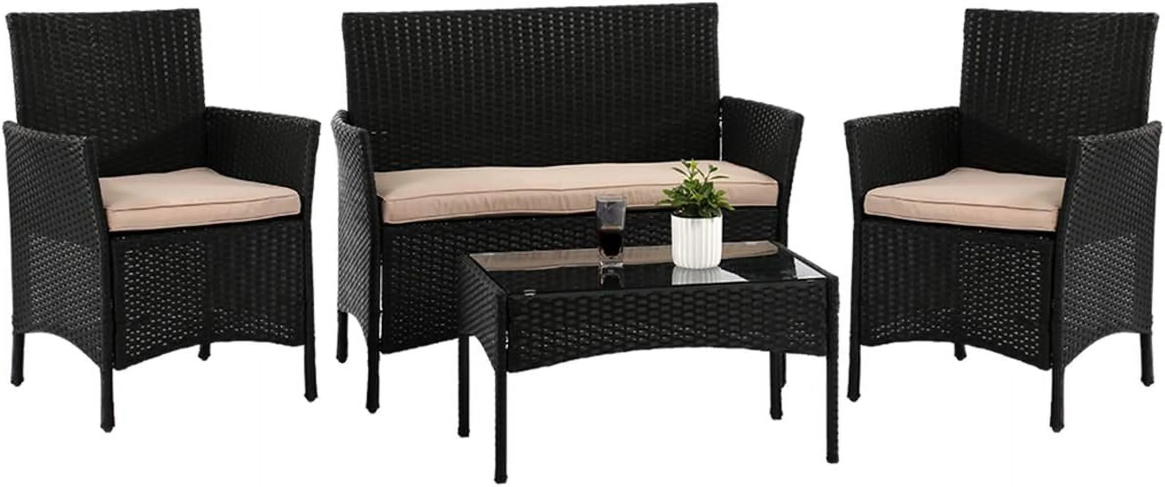 HYHBIBOOM 4 Pieces Rattan   Wicker Conversation Set Patio Set Outdoor Patio  Sets Poolside Lawn Chairs Garden  for Outdoor Balcony Poolside Porch  Black
