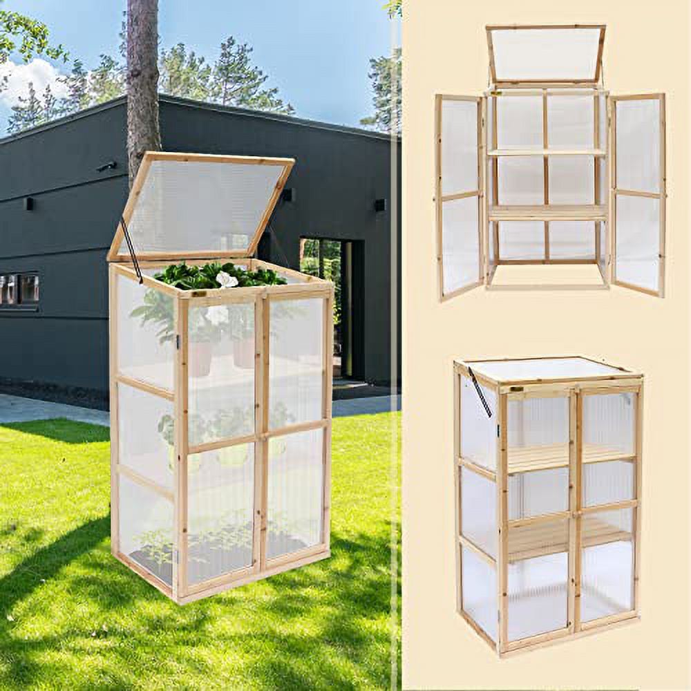 Garden Portable Wooden Cold Frame Greenhouse, Raised Flower Planter with Hard Translucent PC Protection (27