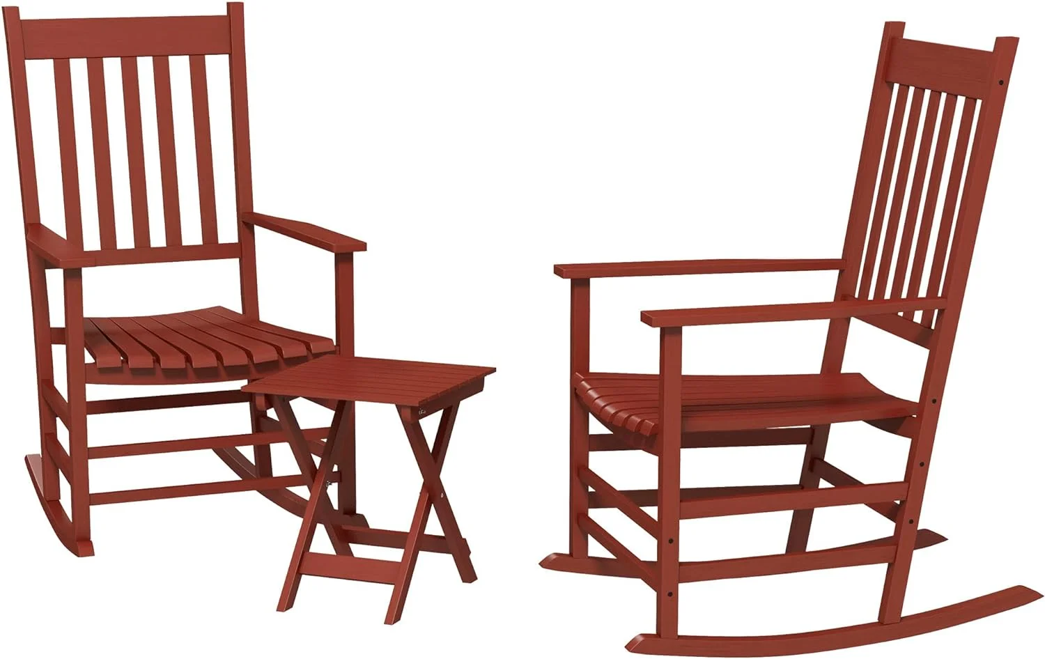 MINGFENG Wooden Rocking Chair Set w/Foldable Side Table, Outdoor Rocker Chairs with Curved Armrests, High Back & Slatted Seat for Garden, Balcony, Porch, Supports Up to 352 lbs., Wine Red
