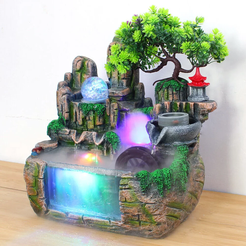 DENEST Resin Rockery Indoor Feng Shui Atomizing Waterfall Landscape Decorat Humidifier