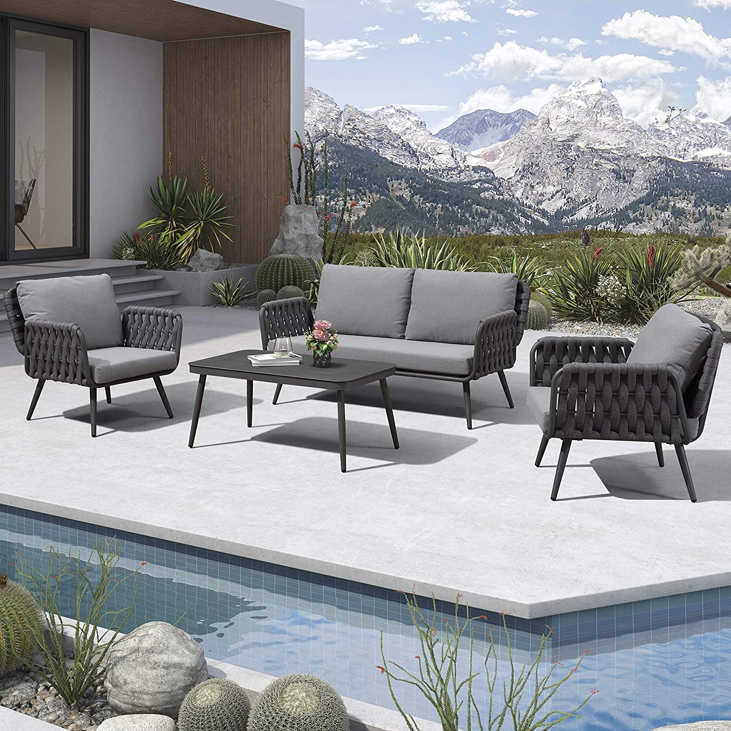 LEAF Patio Conversation Set 4 Pieces Aluminum Frame Rope Outdoor Patio Furniture with Coffee Table  All-Weather Modern Deep Seating Sofa Set  Outdoor Patio Set with Cushions  Ascona