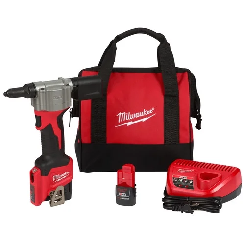 Milwaukee 2550-22 M12 12-Volt Lithium-Ion Cordless Rivet Tool Kit with (2) 1.5Ah Batteries and Charger