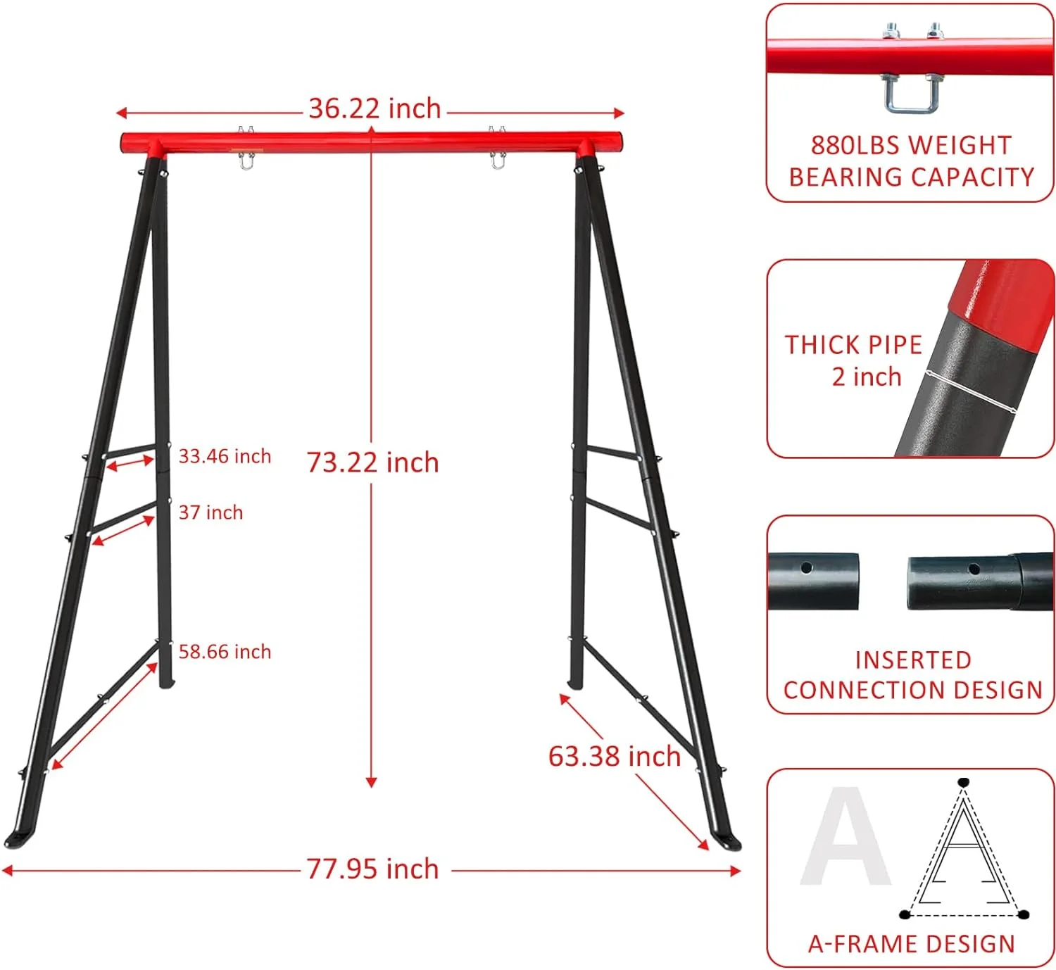 Metal A-Frame Swing Stand Frame for Kids and Adults, 880 Lbs Heavy-Duty Backyard Swing Set for Indoor and Outdoor Use, Red Color (Swing Not Included)
