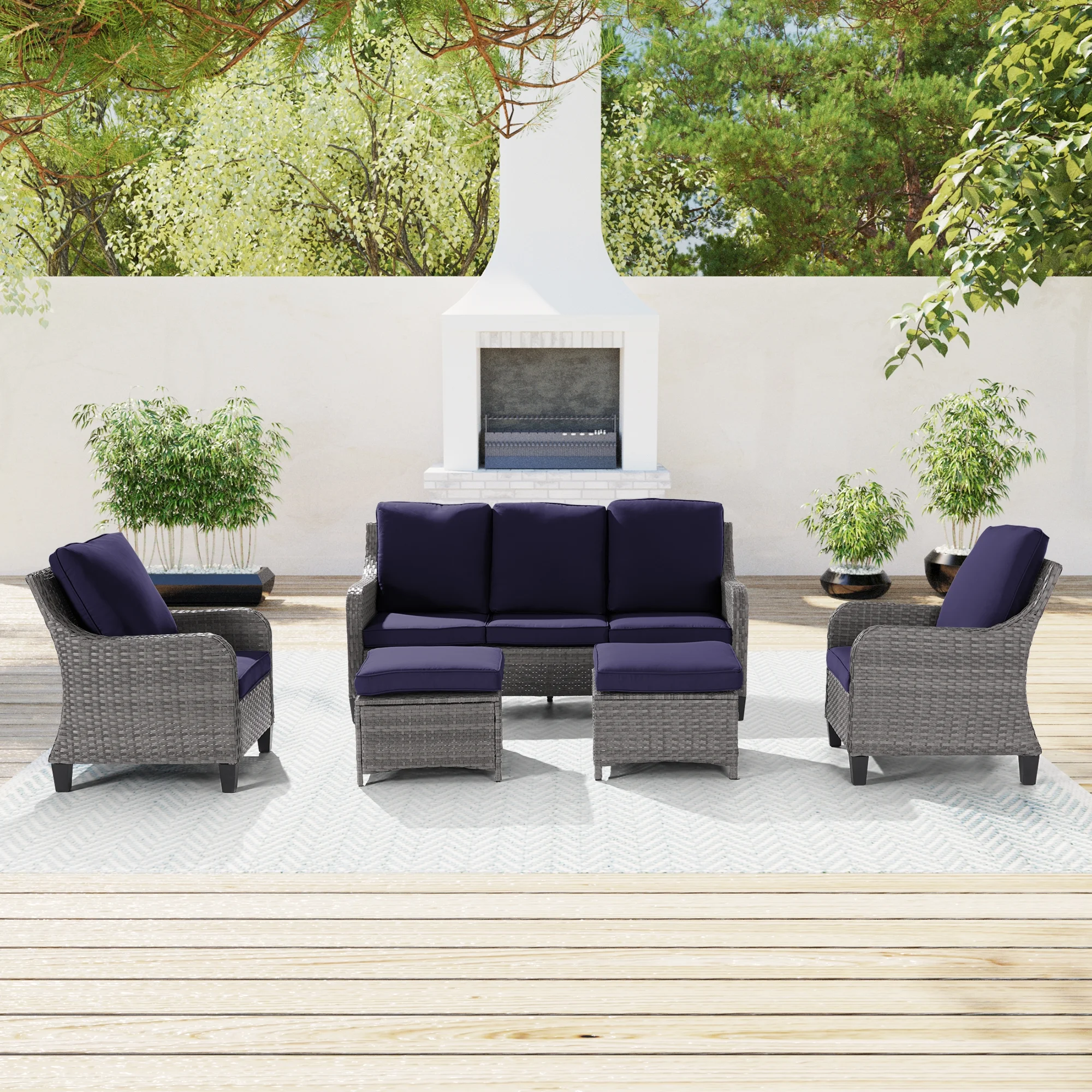 CHYVARY 5-Piece Patio Sofa Set Gray Rattan Outdoor Furniture Set Three-Seat Sofa Ottomans Suiting Backyard, Poolside and Patio,Navy Blue