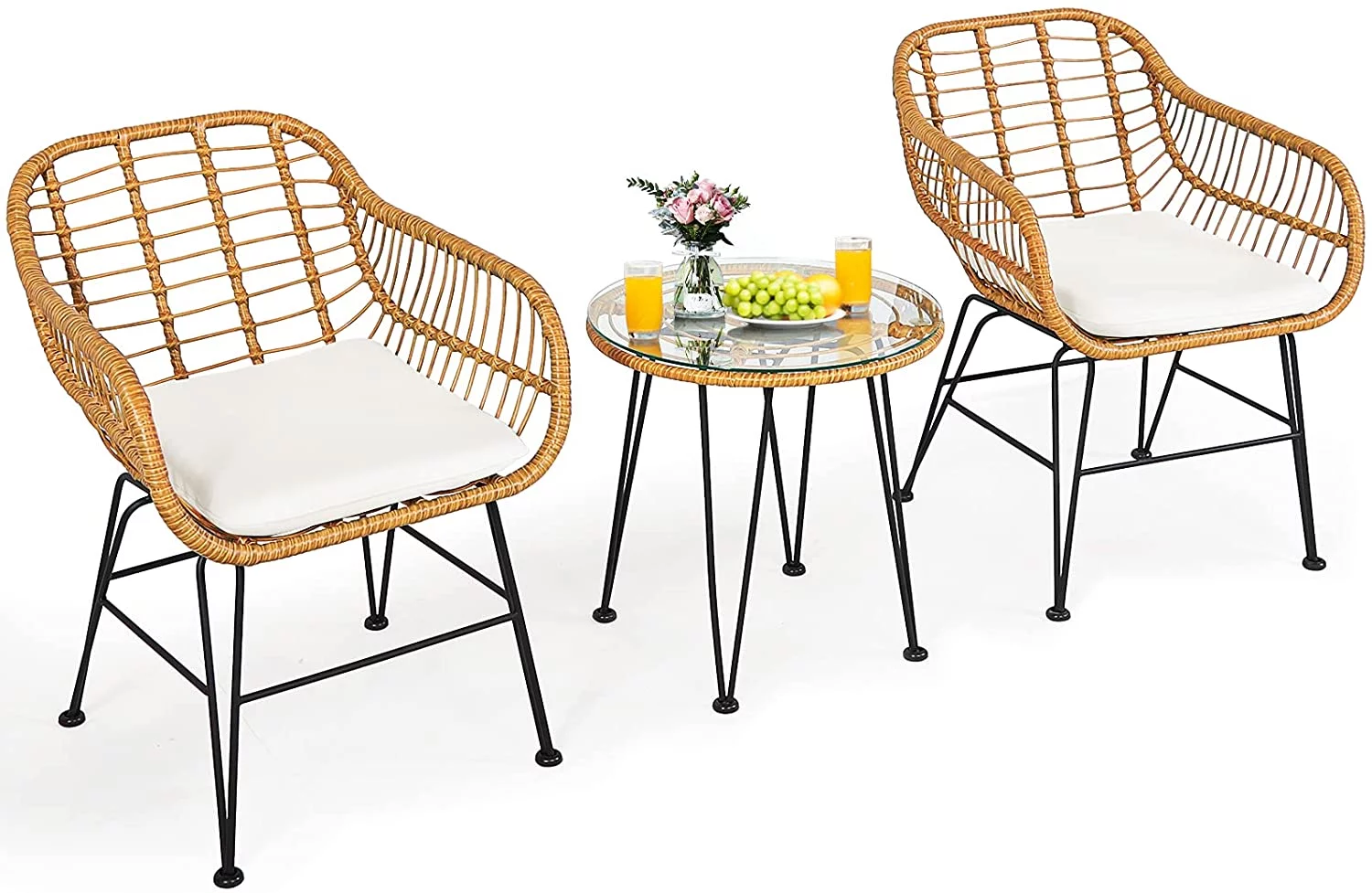 3 Pieces Patio Bistro Set,  with 2 Cushioned Armchairs & Round Glass Coffee Table, for Balcony, Backyard, Garden, Poolside