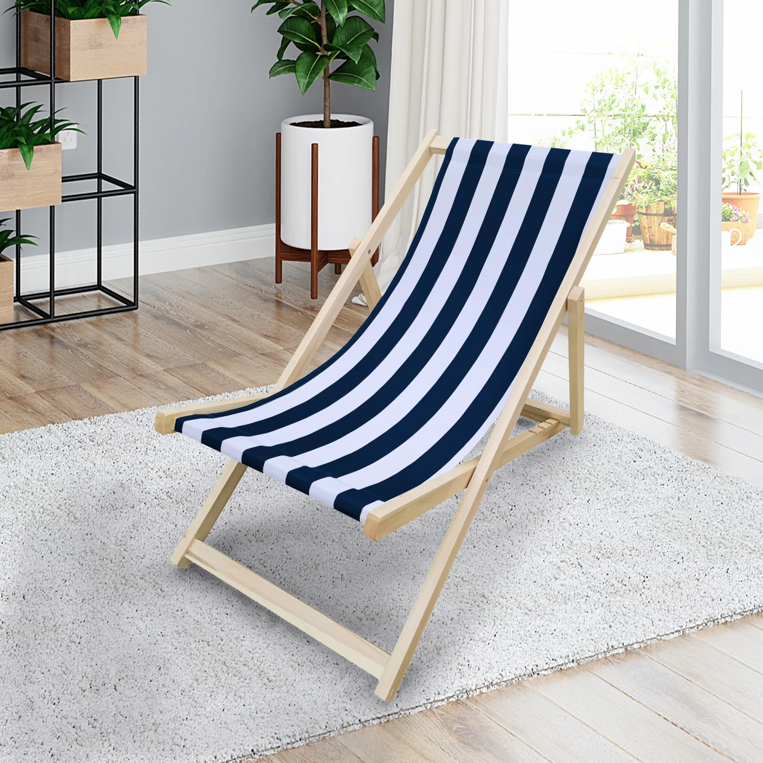 TQJKLFDY Populus wood sling chair blue Stripe Broad Dark blue Strip