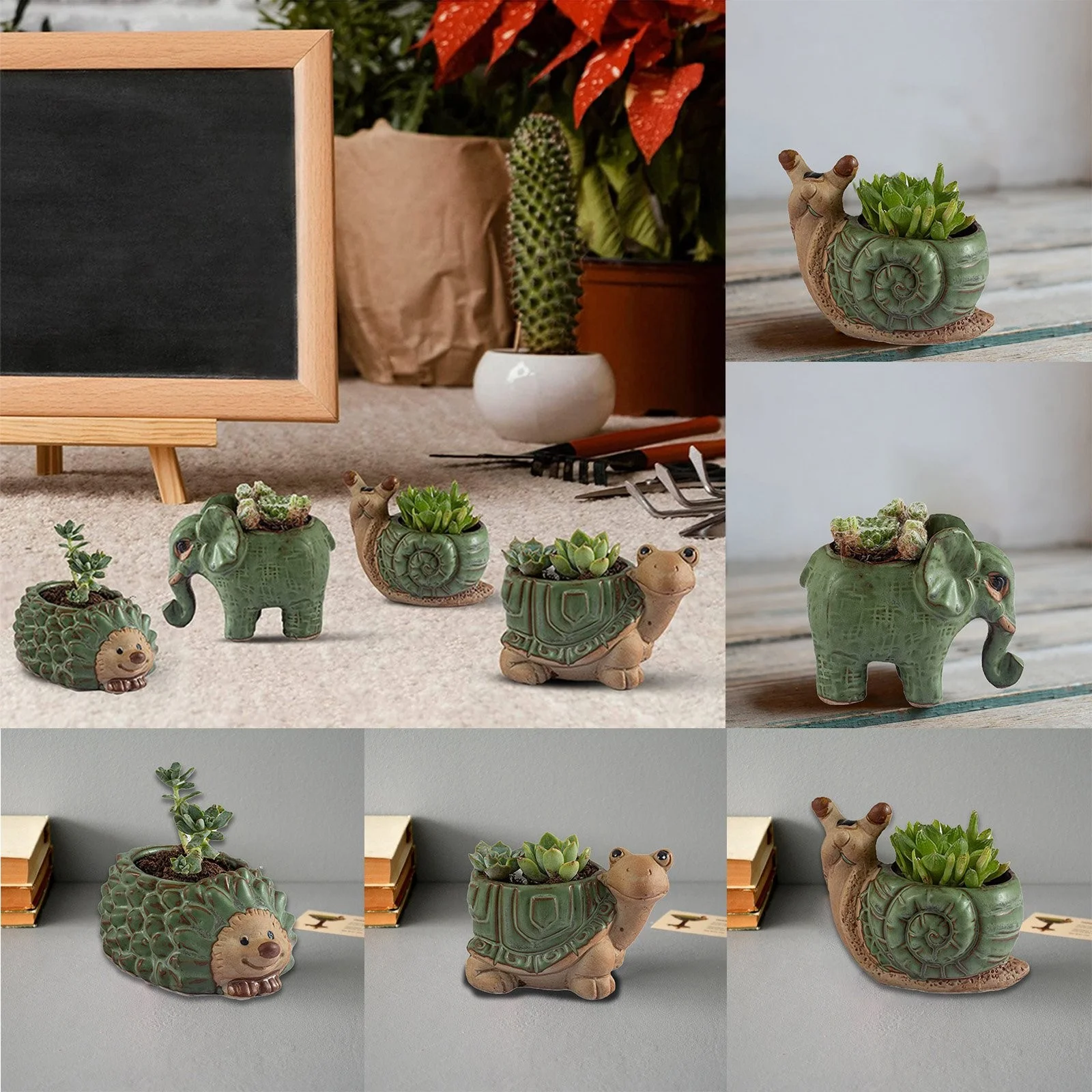 Ceramic Succulent Flowerpot Set Of 4 European Style K Color Glaze Animal Cartoon Bonsai Elephant Turtle Hedgehog Flower Pot
