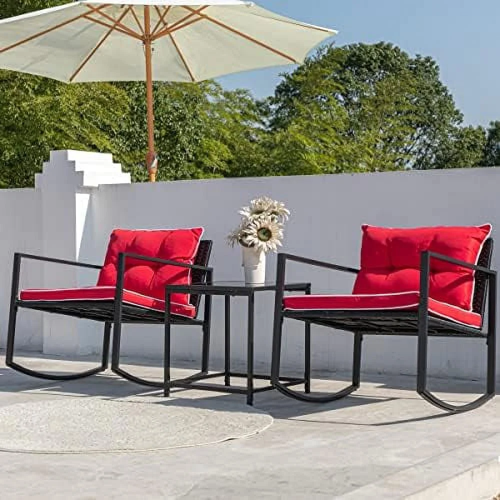 HYHBIBOOM Patio  Set 3 Pieces Rocking Chairs for 2 Person with Coffee Table&Cushion Outdoor  Wicker Sofa All Weather Conversation Set for Porch Balcony Yard or Garden(RED