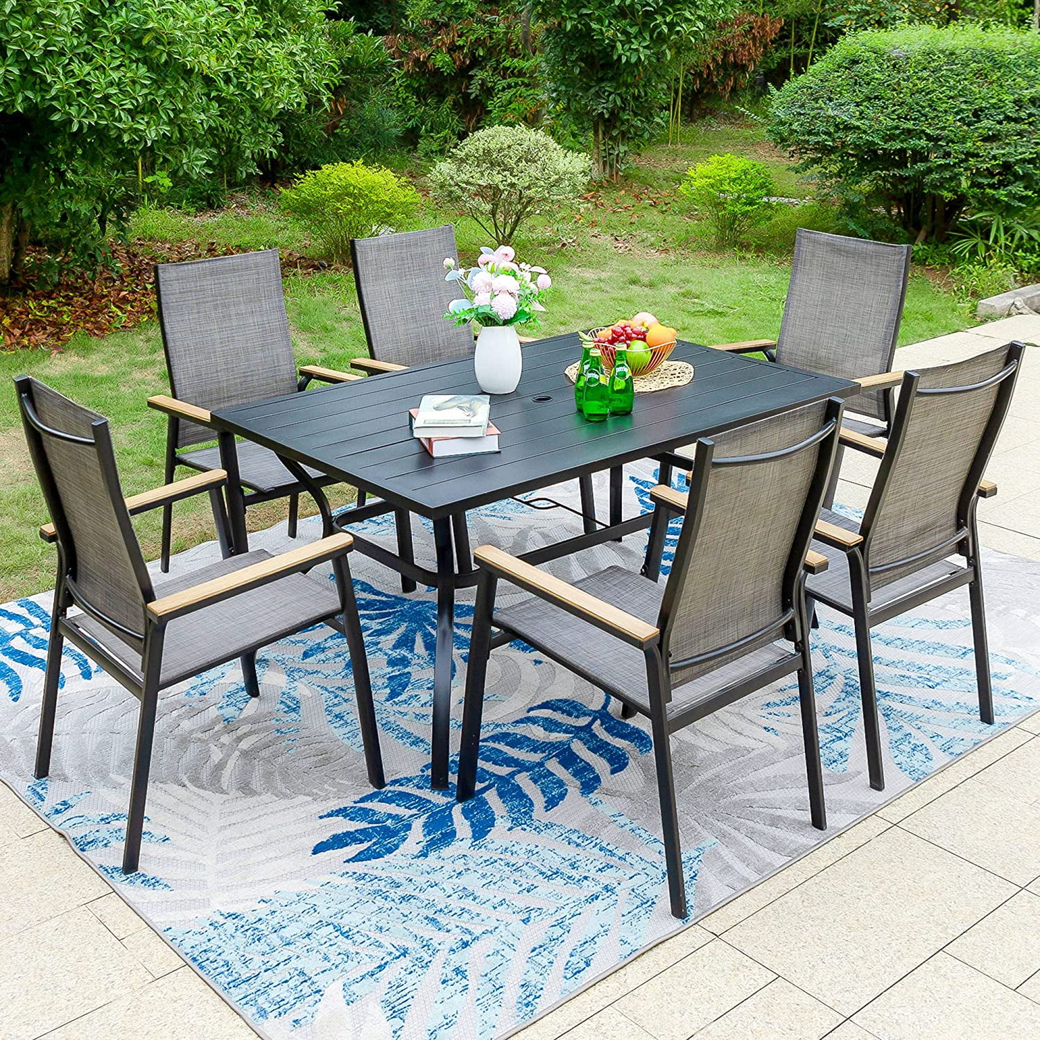 7 PCS Patio Dining Set with 6 Aluminum Sling Chair (Wooden Armrest) and 1 Metal Top Table  Outdoor Furniture for 6