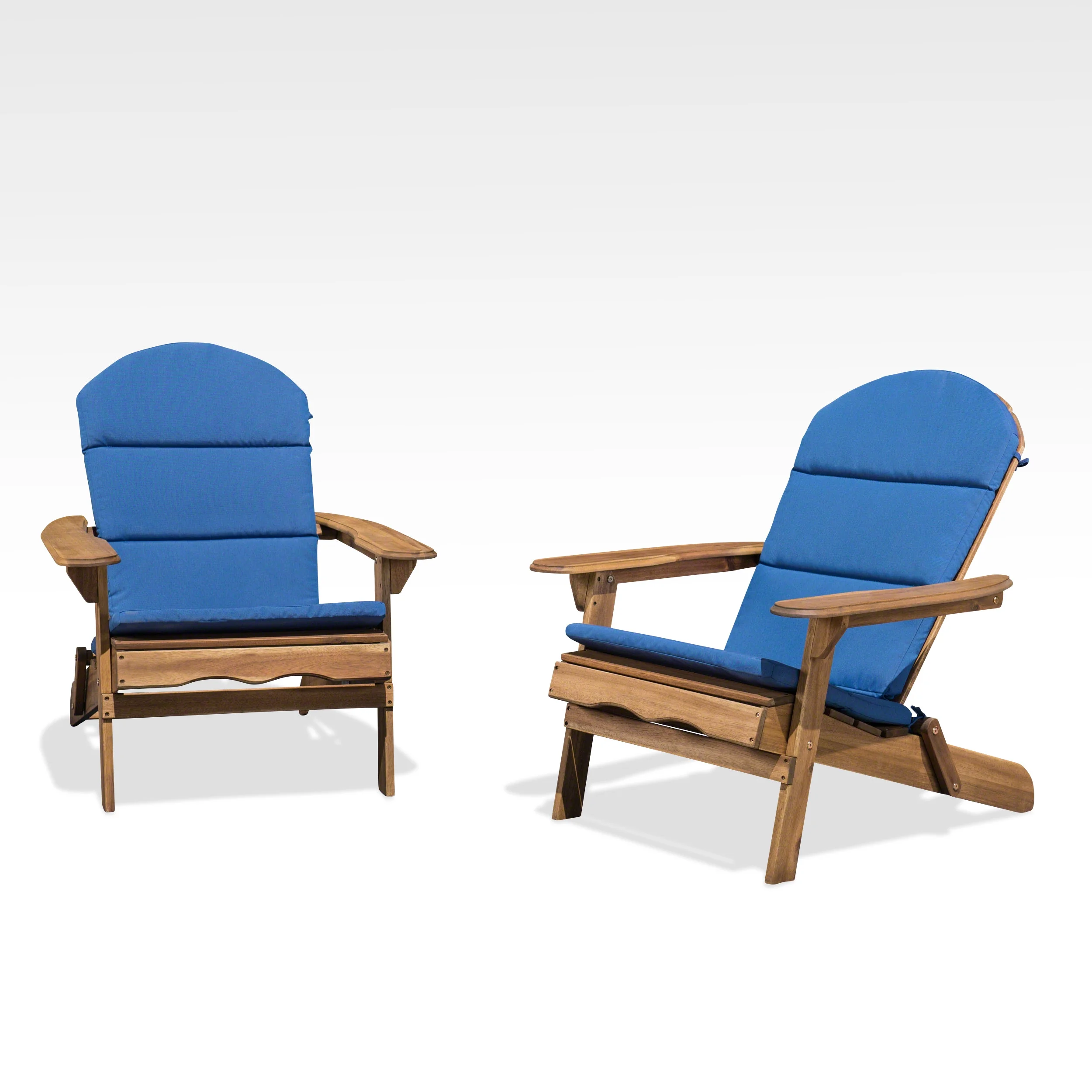 GDF Studio Cartagena Outdoor Acacia Wood Folding Adirondack Chairs with Cushions, Set of 2, Natural and Navy Blue