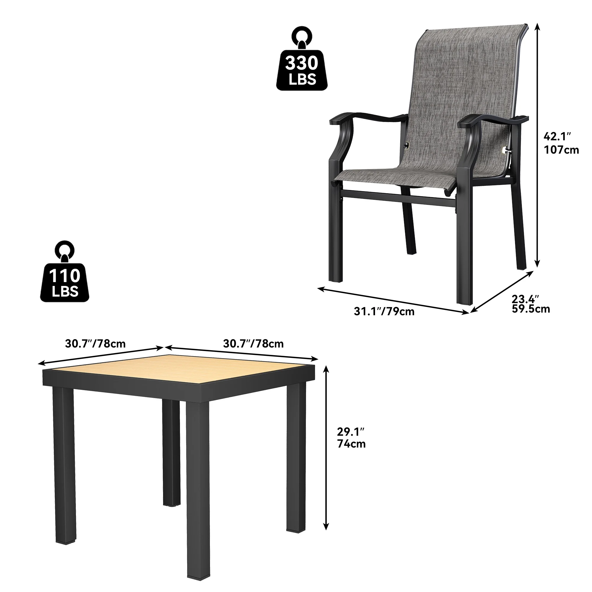 Dextrus 5-Piece Textile Patio Dining Set, Wood-Grain Square Table & 4 Dining Chairs, All-Weather Outdoor Dining Set for 4, Ideal for Backyard, Lawn, Deck, Porch - Gray