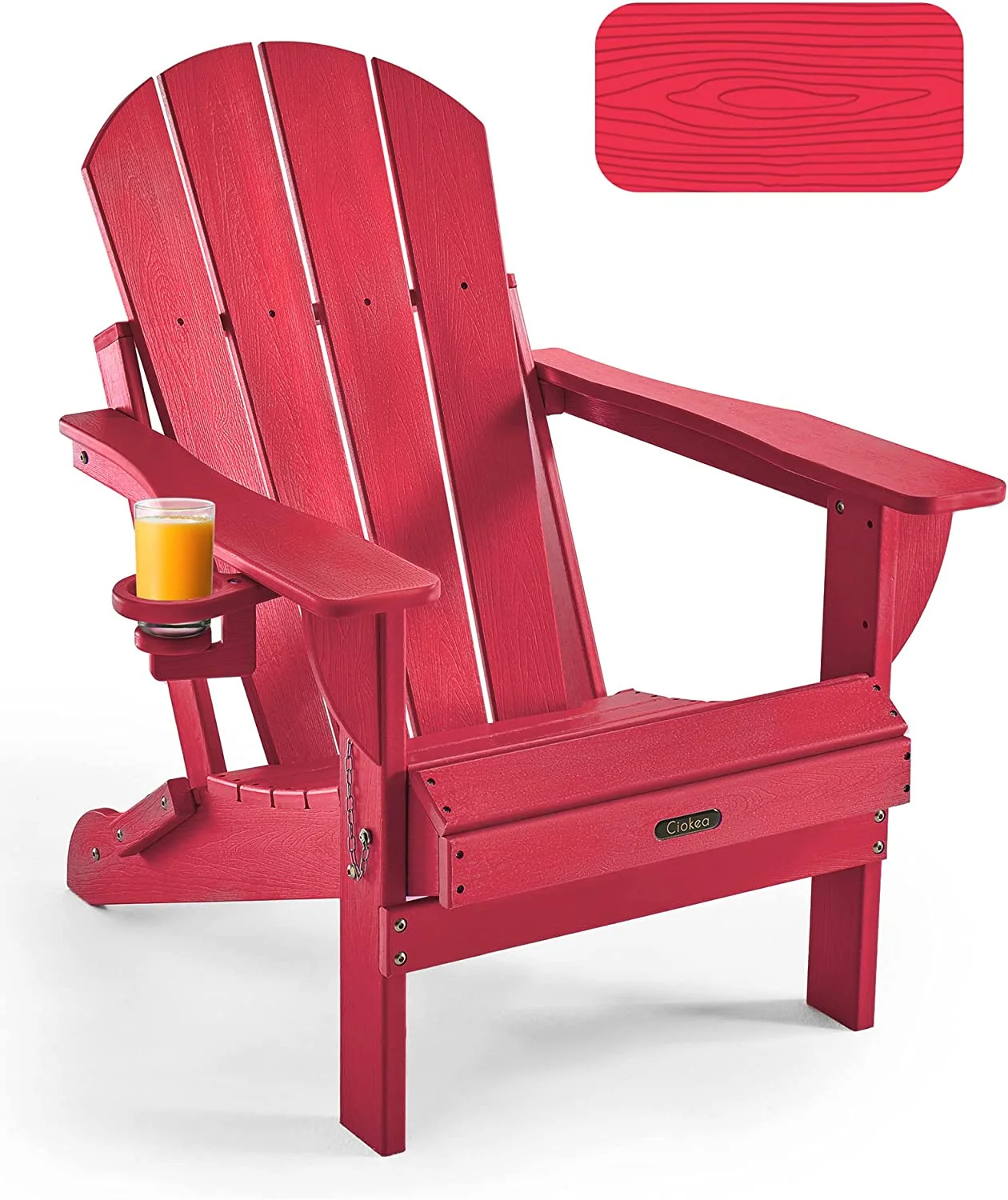 Folding Adirondack Chair Wood Texture, Patio Adirondack Chair Weather Resistant, Plastic Fire Pit Chair with Cup Holder, Lawn Chair for Outdoor Porch Garden Backyard Deck (Red)