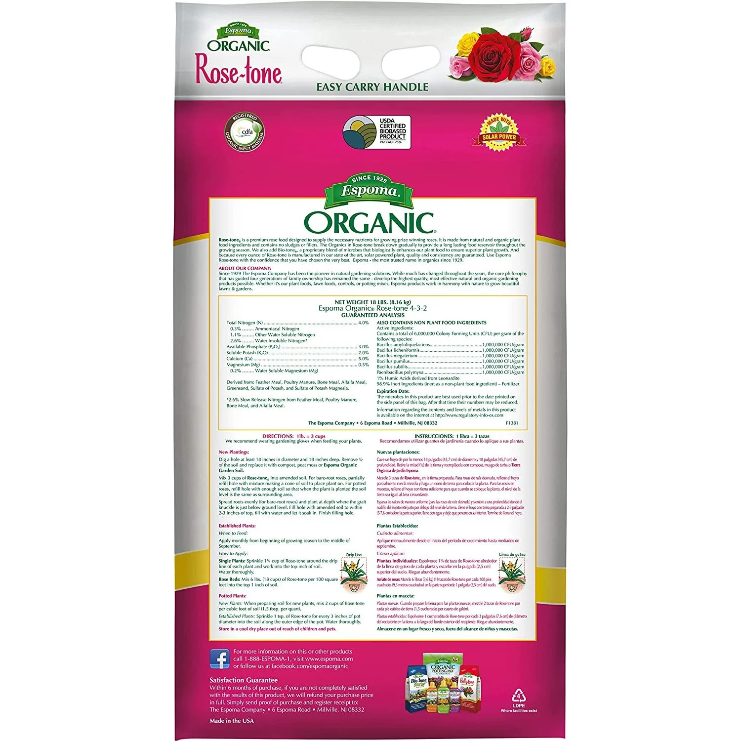 Espoma Organic Rose-tone 4-3-2 Organic Fertilizer for all types of Roses and other Flowering Plants. Promotes vigorous growth and blooming. 18 lb. Bag