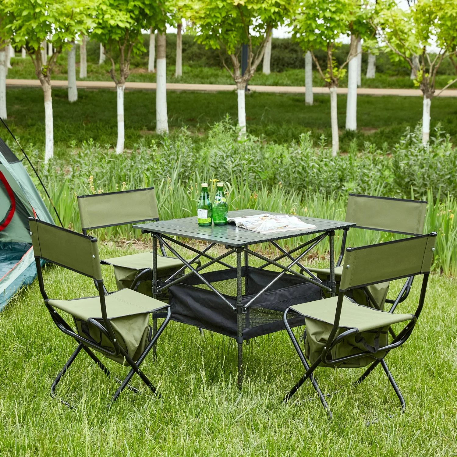 5-Piece Black/Green Folding Outdoor Table and Chairs Set - Versatile and Stylish Furniture  Great for Indoor and Outdoor Settings  Convenient for Camping  Picnics  Beach Trips  Backyard G