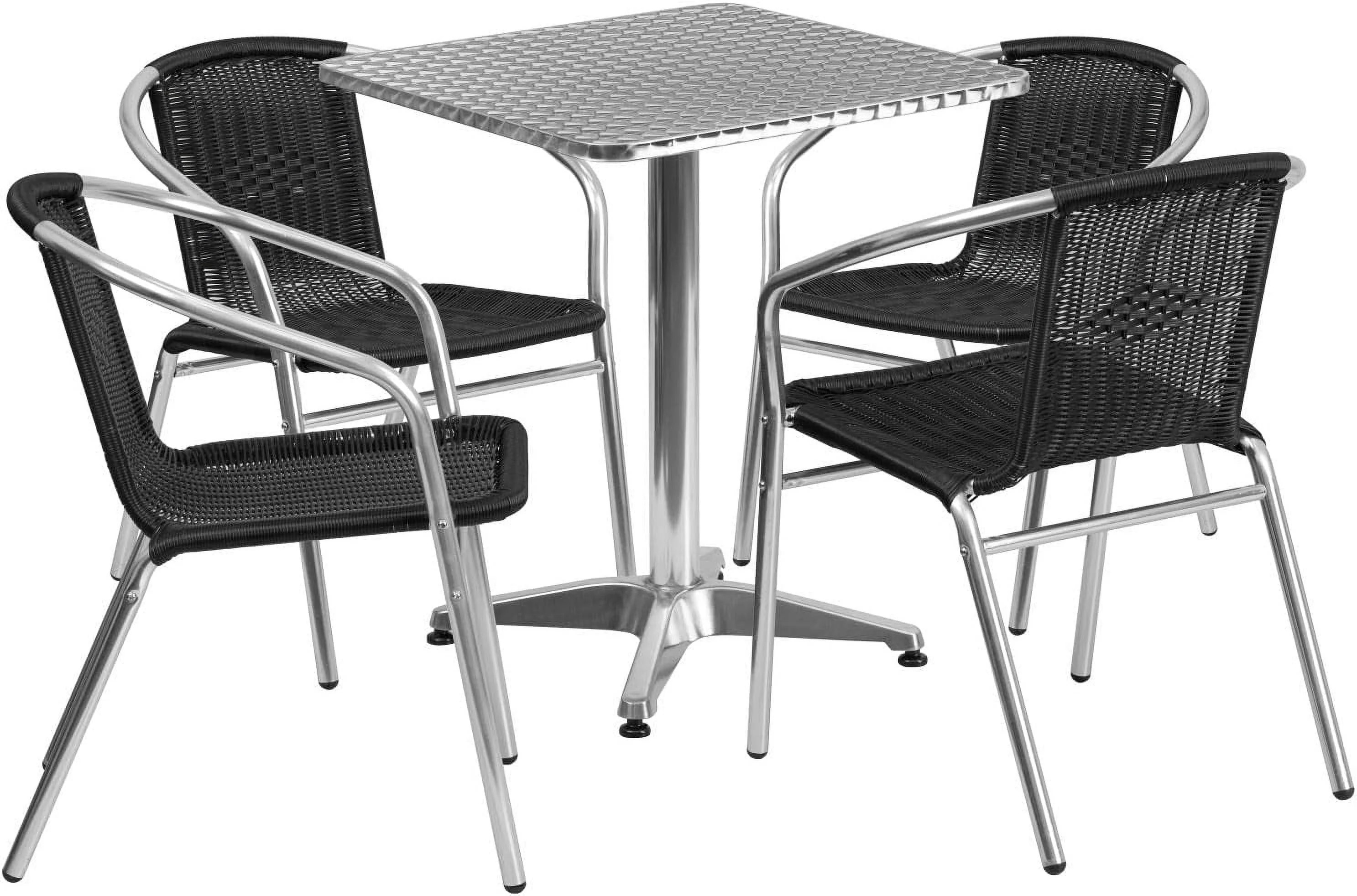 Square Aluminum Indoor-Outdoor Table Set with 4 Black Rattan Chairs