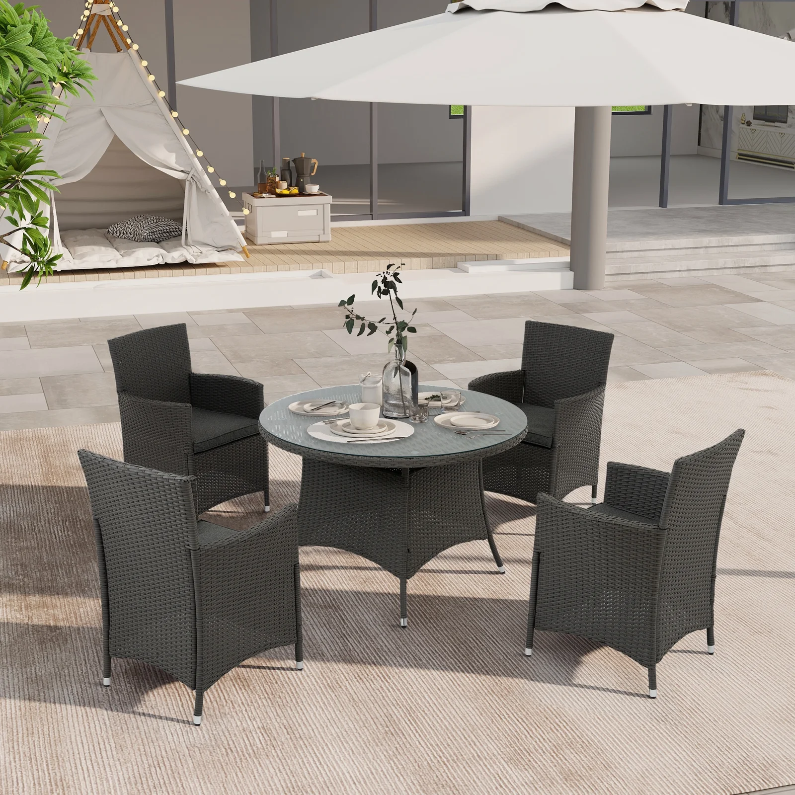 5 Piece Outdoor Dining Set All-Weather Wicker Patio Dining Table and Chairs with Cushions, Round Tempered Glass Tabletop with Umbrella Cutout for Patio Backyard Porch Garden Poolside