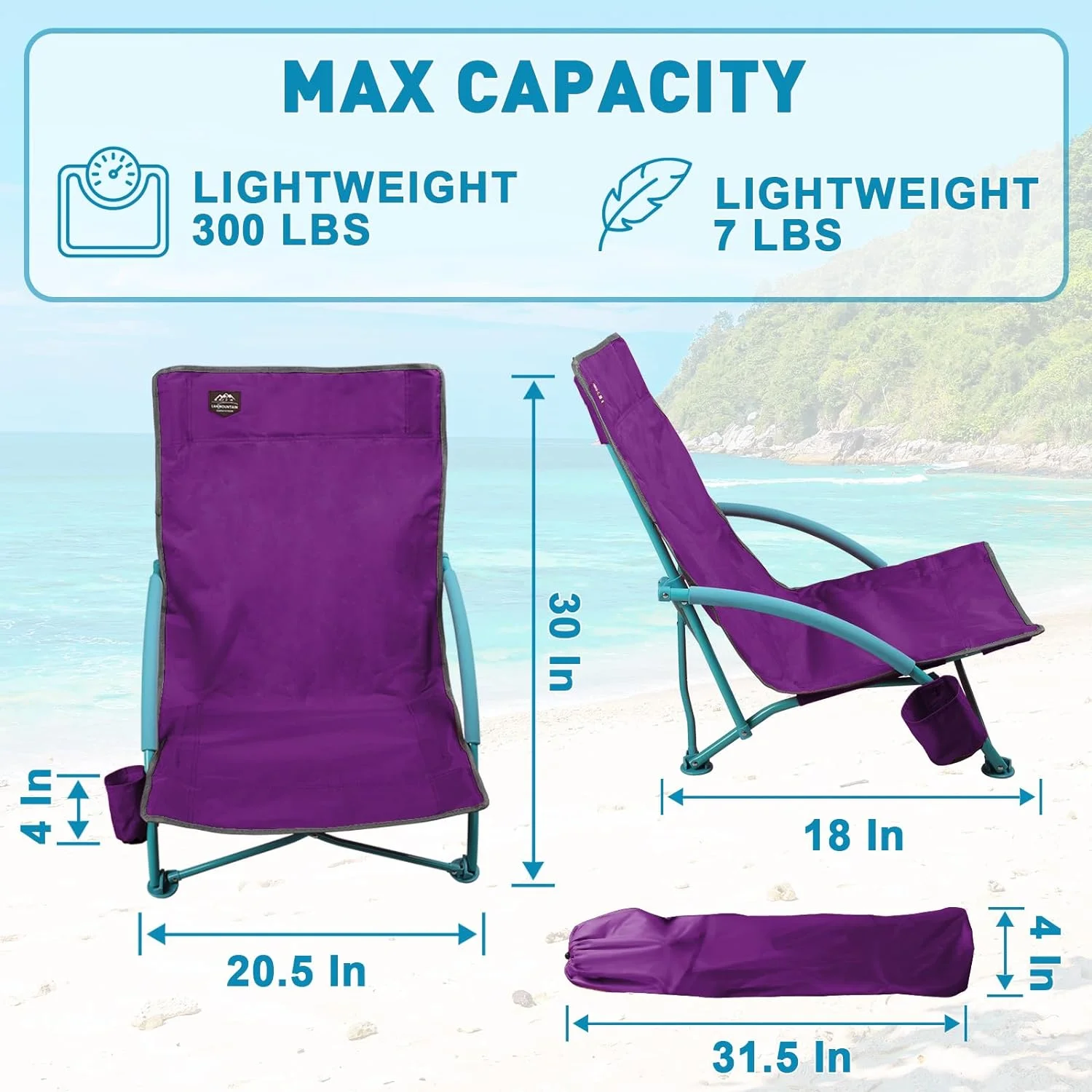 2 Pack Low Beach Chair,Folding Recliner Camping Chair for Adults,Lightweight Backpacking Low Seat Camping Chairs with Cup Holder, Carry Bag for Outdoor Camp Lawn Picnic Festival,Purple