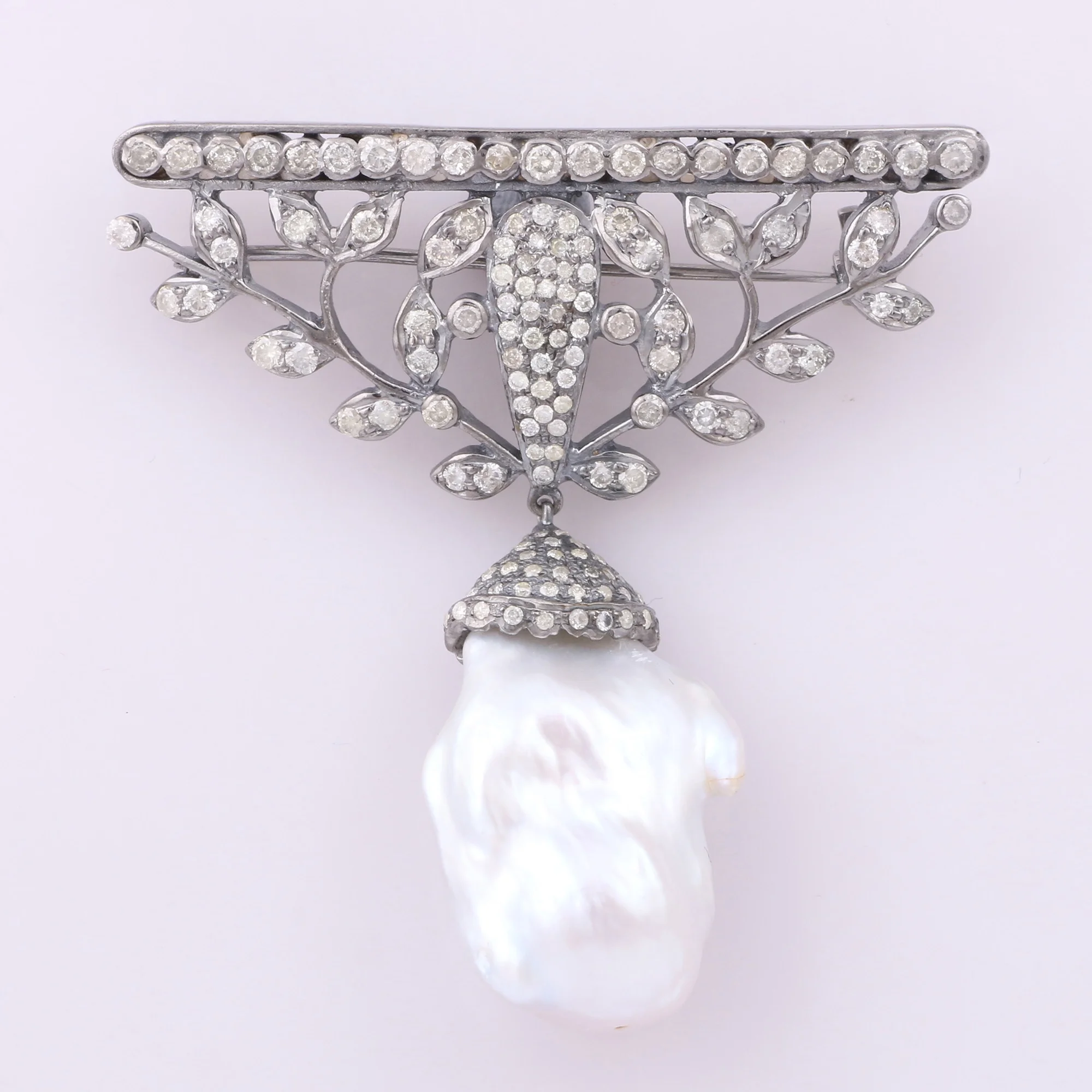 Natural Pearl Diamond Gemstone 925 Sterling Silver Brooch, Victorian Jewelry