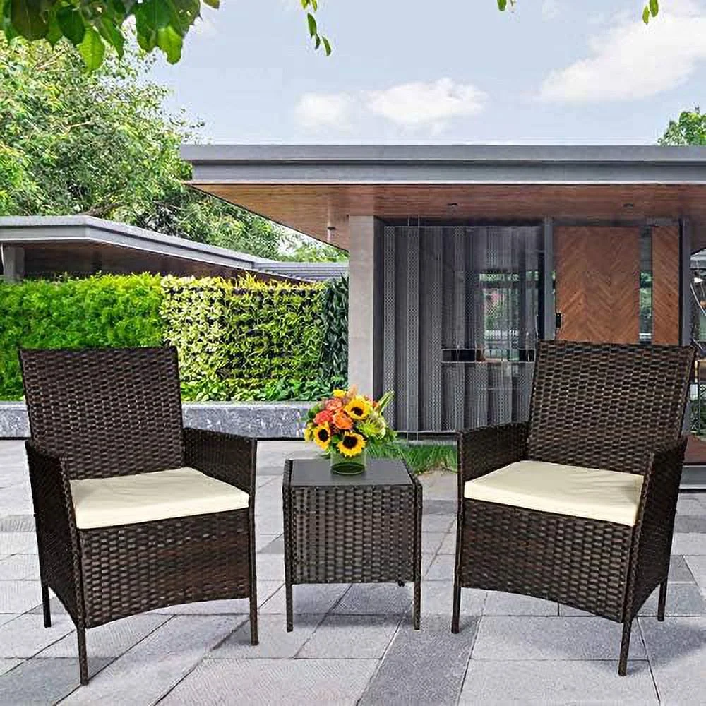 xrboomlife 3 Pieces Outdoor  Set Patio PE Wicker Rattan Chairs and Table Sofa Set  Cushioned Seats Conversation Sets (Brown&Beige)