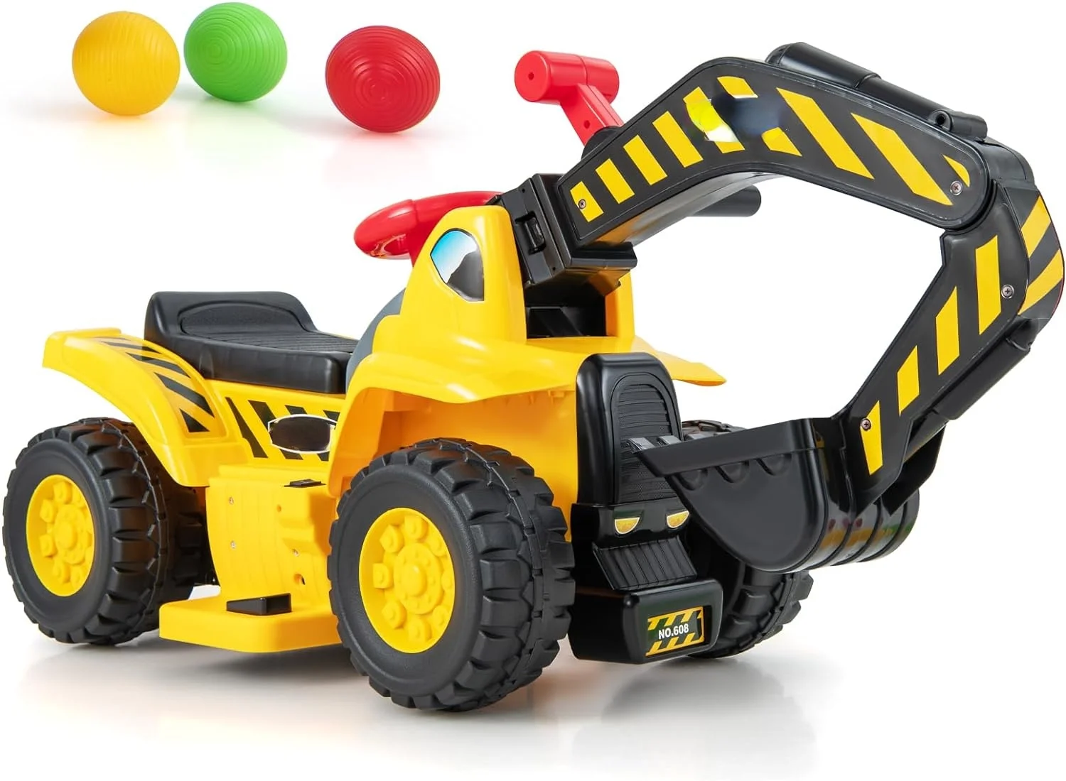 6V Ride On Construction Excavator, Outdoor Digger Scooper Tractor Toy with Horn, Underneath Storage, 3 Balls & Basketball Hoop, Moving Forward/Backward, Pretend Play Ride On Truck