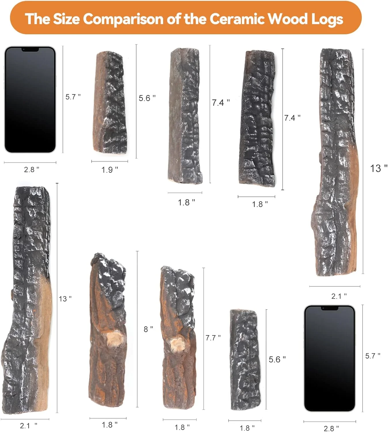 8 Small Piece Set of Ceramic Wood Logs and Accessories for All Types of Indoor Gas Inserts, Ventless & Vent Free, Propane, Gel, Ethanol, Electric or Outdoor Fireplaces & Fire Pits