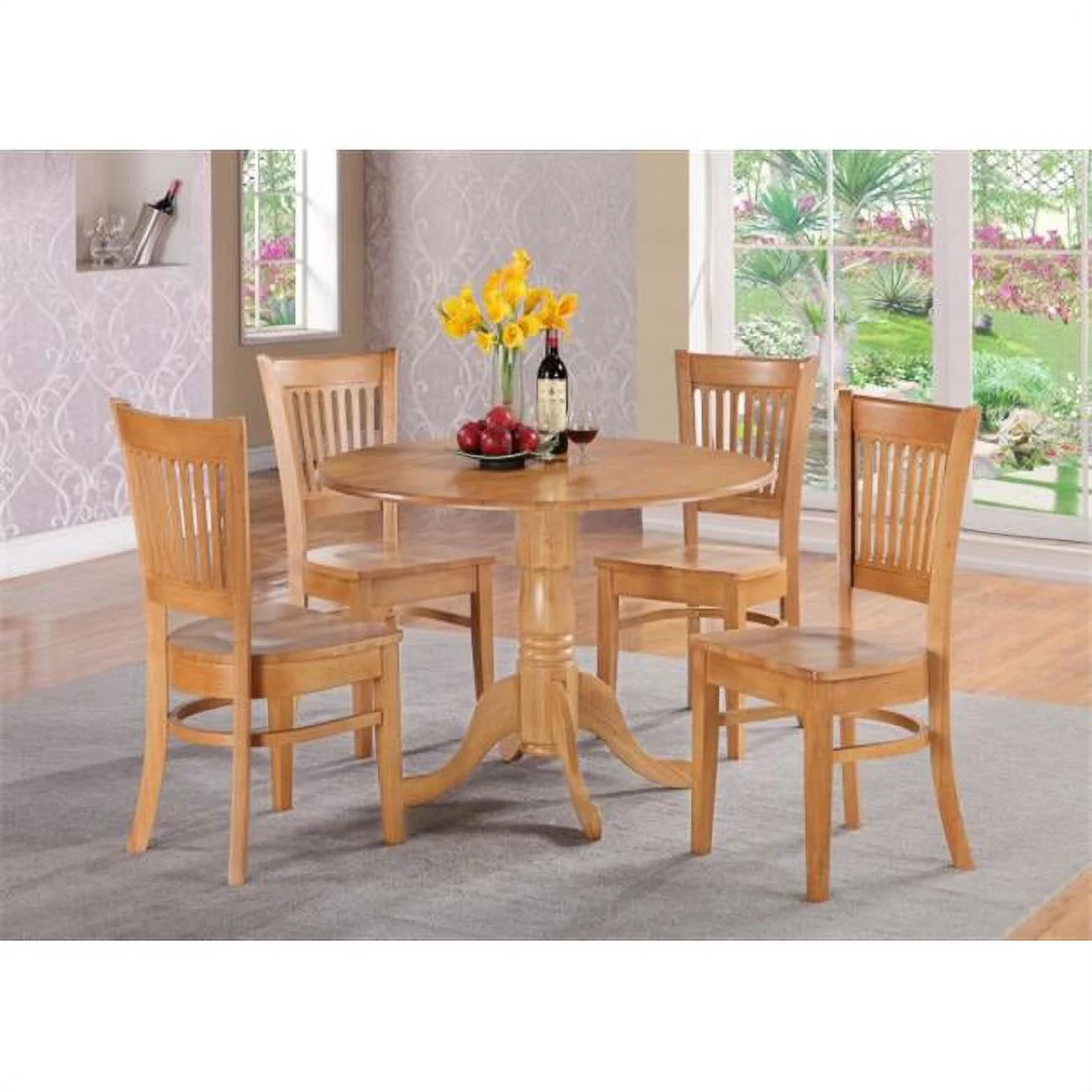 East West Furniture  Dublin 3PC Set - Round Table with two 9 in. Drop Leaves and 2 Vancouver slat back wood seat chairs