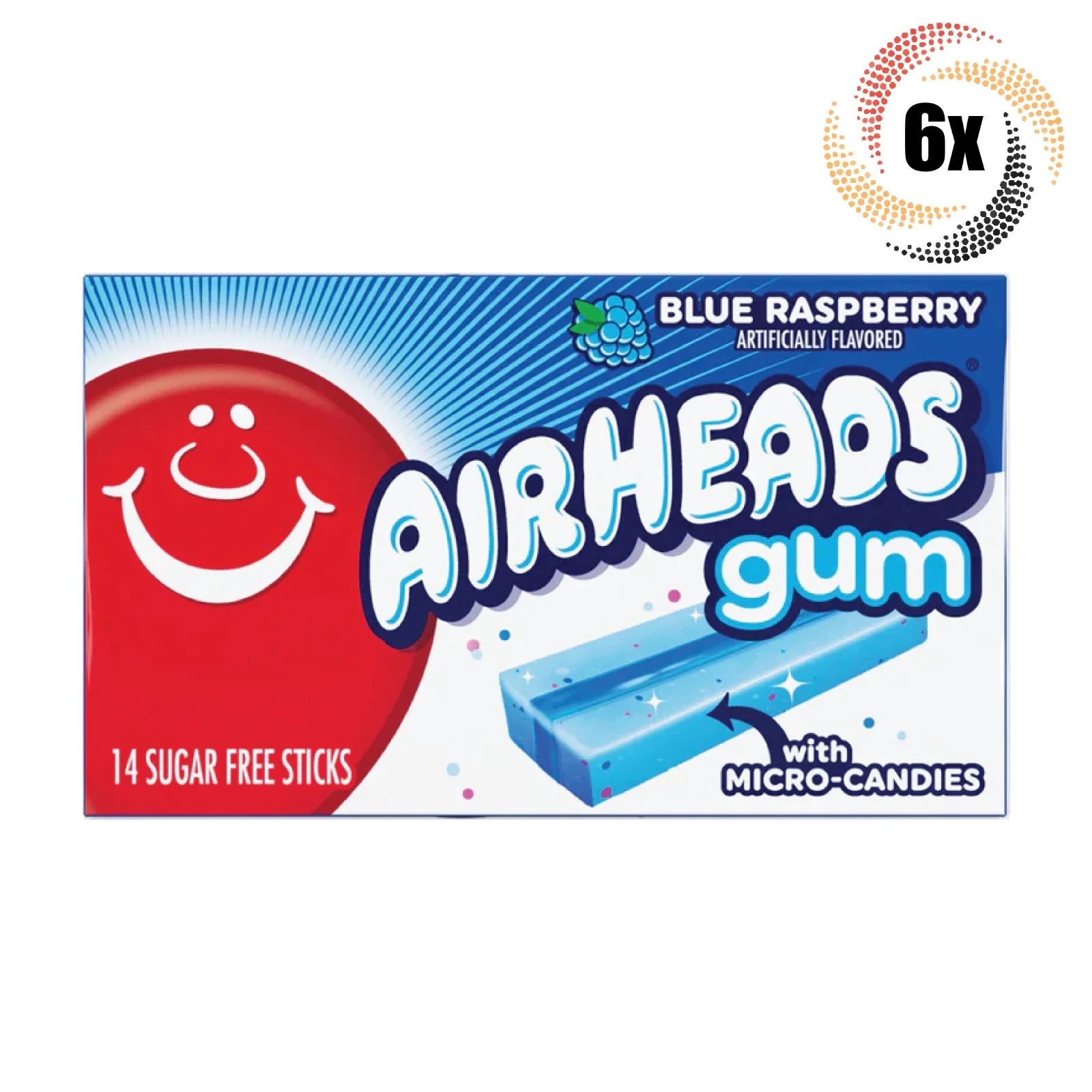 6x Packs Airheads Blue Raspberry Flavor Gum - 14 Sticks Per Pack