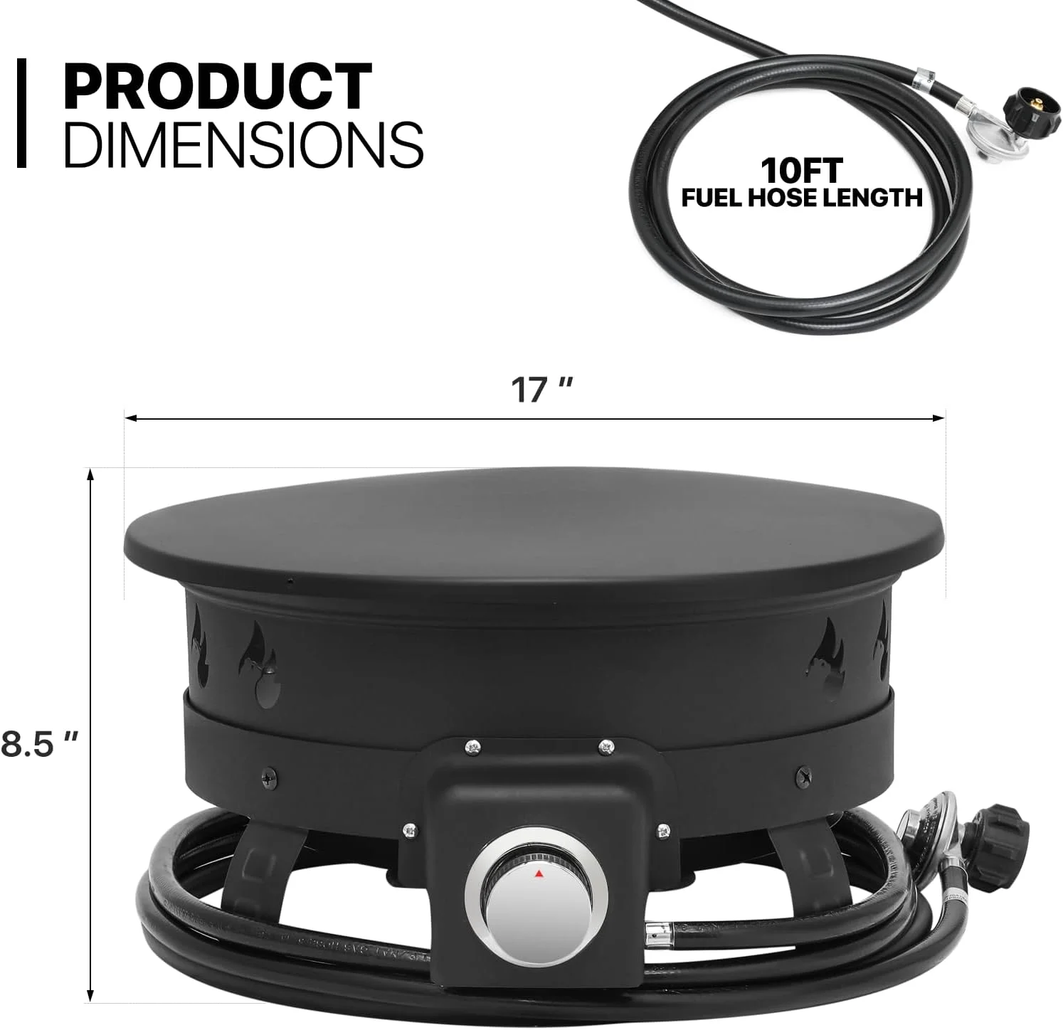 52000 BTU Portable Propane  Outdoor Round Smokeless Gas Fire Bowl For Outside Camping Travel Patio Backyard Picnic With Lava Rocks, Hose, Lid (Black)