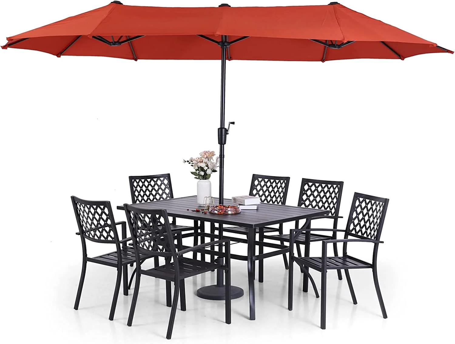 & William Patio Dining Set with 13ft Double-Sided Patio Umbrella  8 Piece Metal Outdoor Table Furniture Set with 6 Outdoor Chairs & 1 Rectangular Dining Table & 1 Large Orange