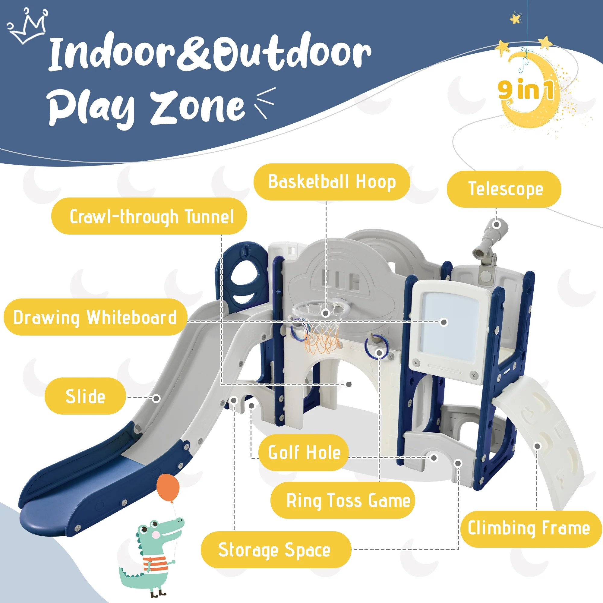 Kids Slide Playset Structure 9 in 1, Freestanding Spaceship Set with Slide, Arch Tunnel, Ring Toss, Drawing Whiteboardl and Basketball Hoop for Toddlers, Kids Climbers Playground