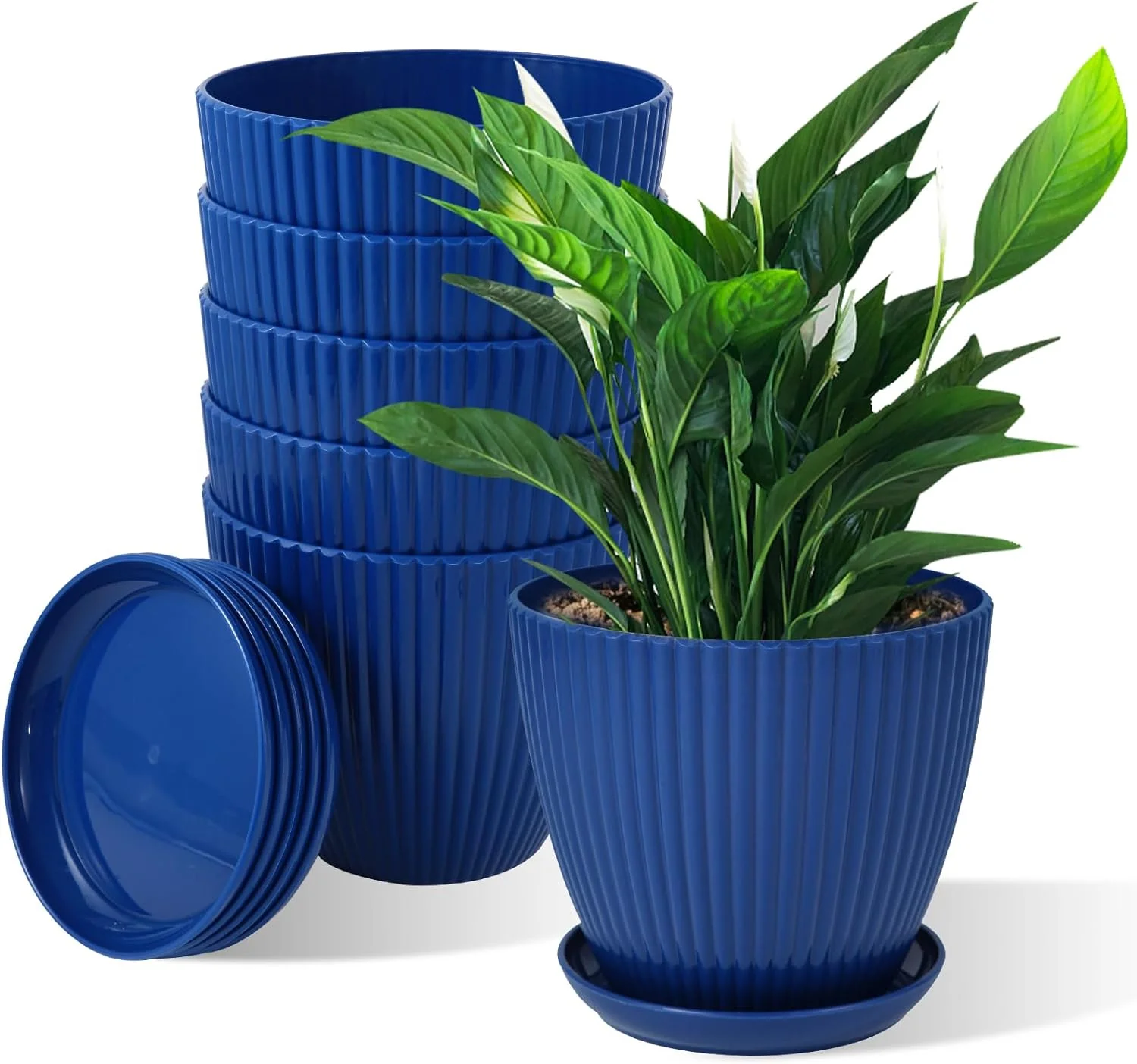 Zhuge 7 Inch Large Plant Pots, 6 Pack Flower Pots with Drainage Hole and Tray Saucer Plastic Plant Pot for Outdoor Indoor House Plants and Flowers Herbs (Blue)