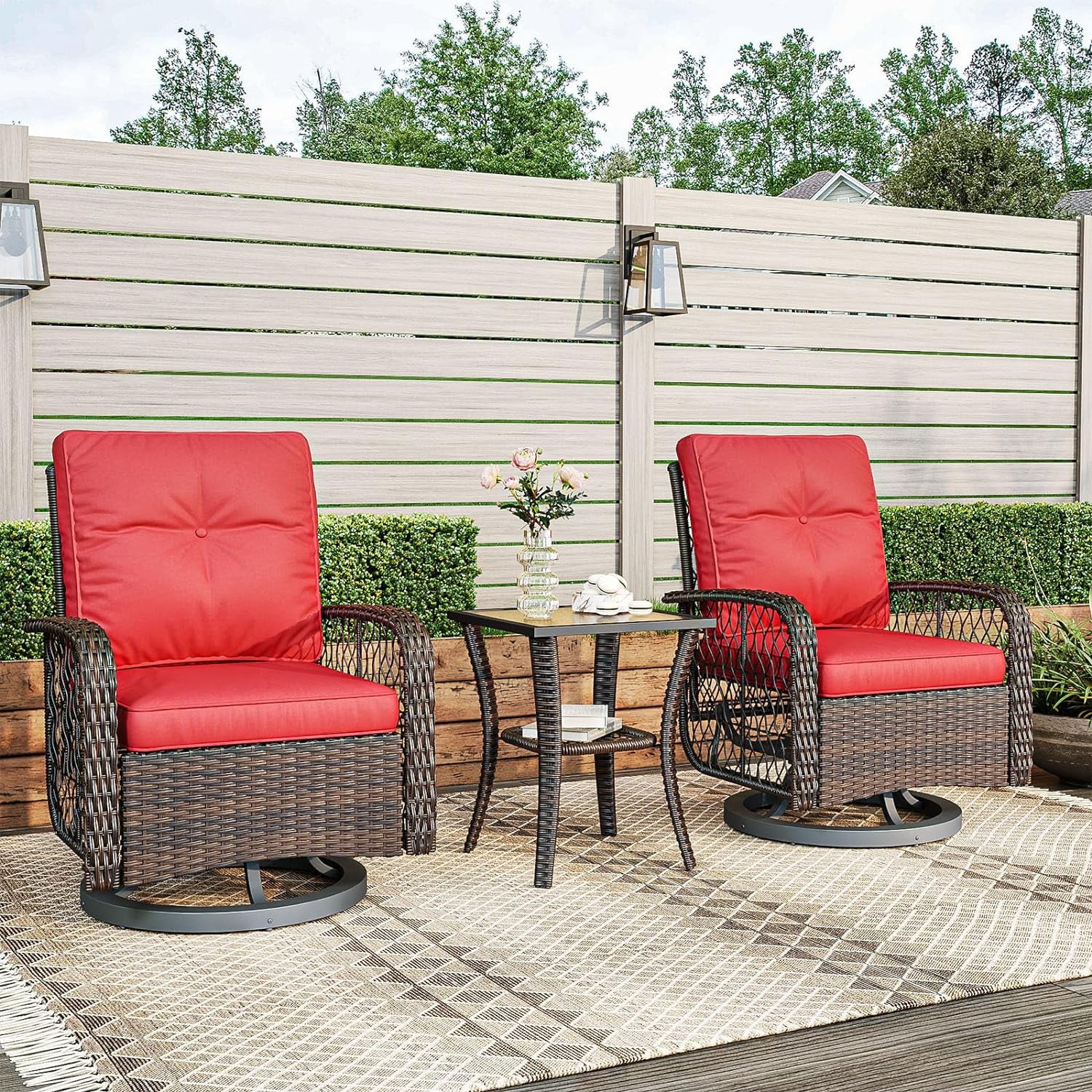 Dina 5 Pieces Patio Furniture Set Outdoor Wicker Rattan Swivel Gliders Rocker Patio Bistro Set with Rocking Chairs and Side Table for Deck  Backyard  and Porch  Beige