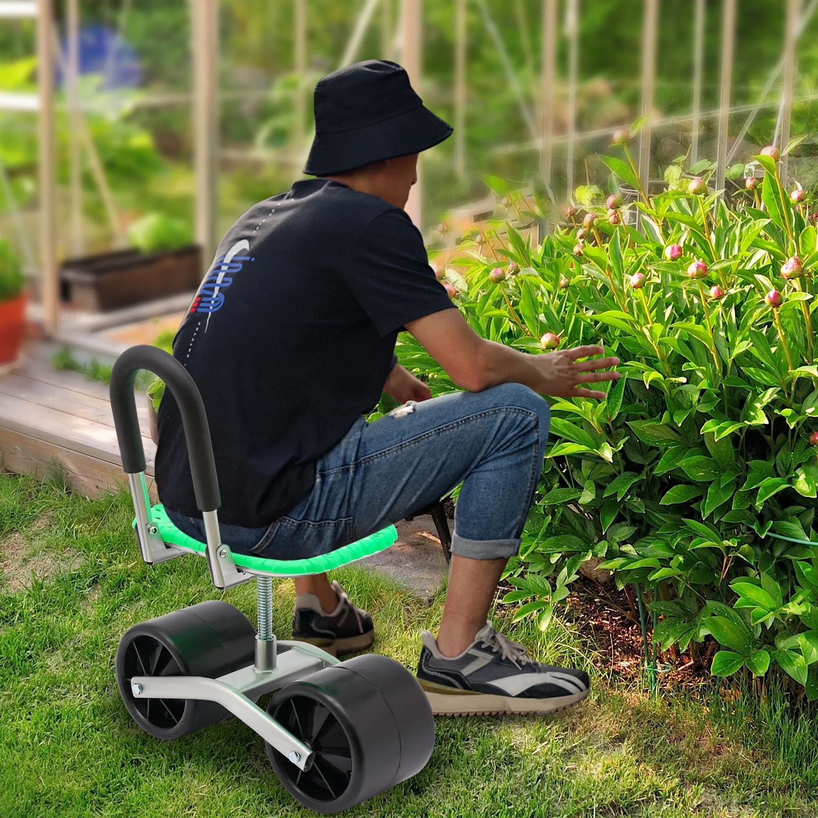 Wuzstar Rolling Stool Workseat Adjustable Height Garden Cart with 2 Wheels, Green