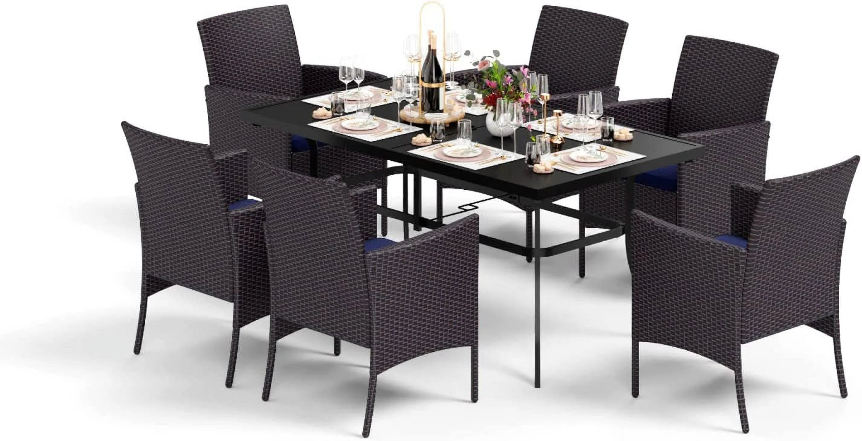 Patio  Set for 6  7 Piece Outdoor Dining Set  6 Rattan Sofa Chairs with Removable Cushions and 1 Rectangular Table  1.57'' Umbrella Hole